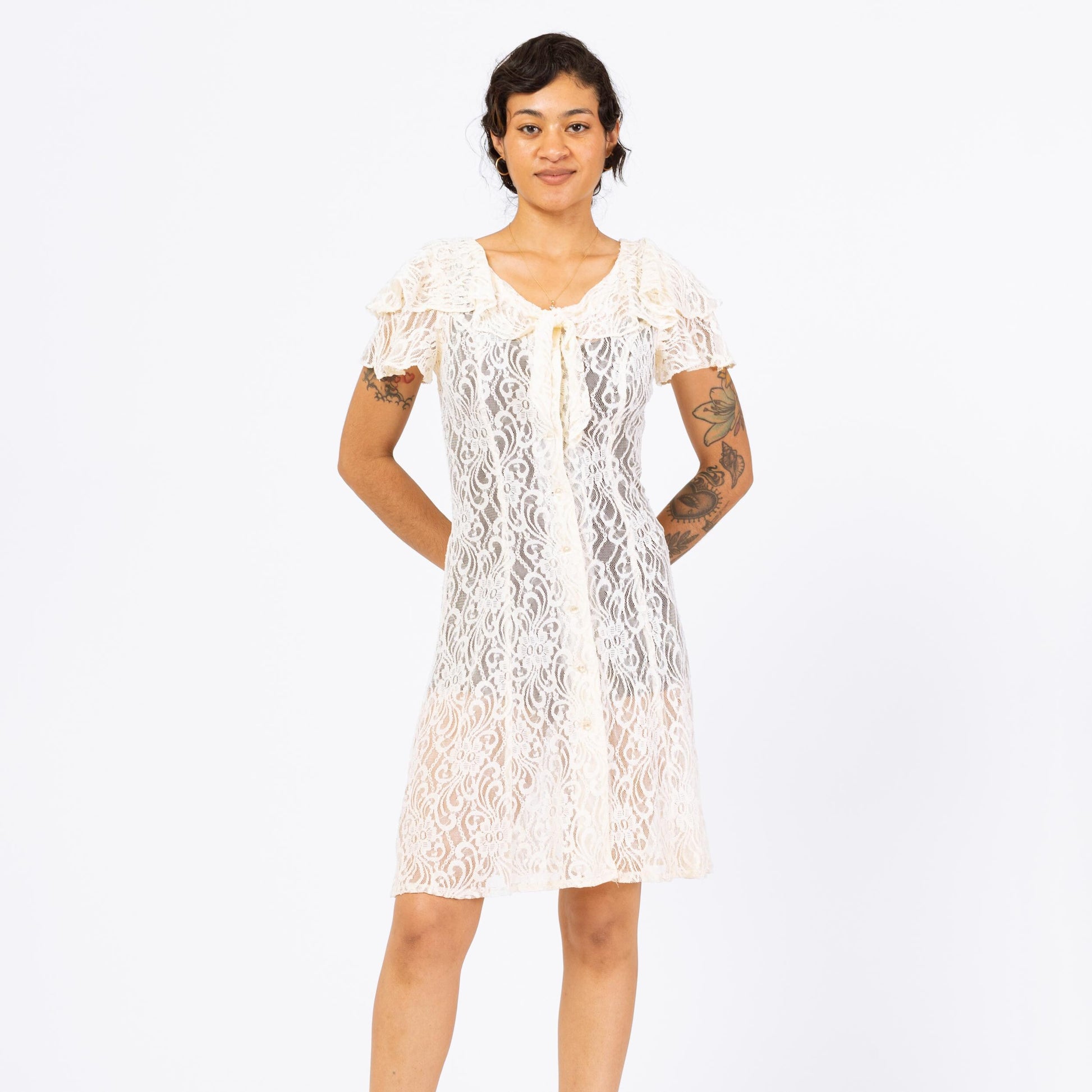 Vintage 90s Sheer White Lace Mini Dress - XS to Small Flying Apple Vintage Vintage 90s Sheer White Lace Mini Dress - XS to Small Flying Apple Vintage