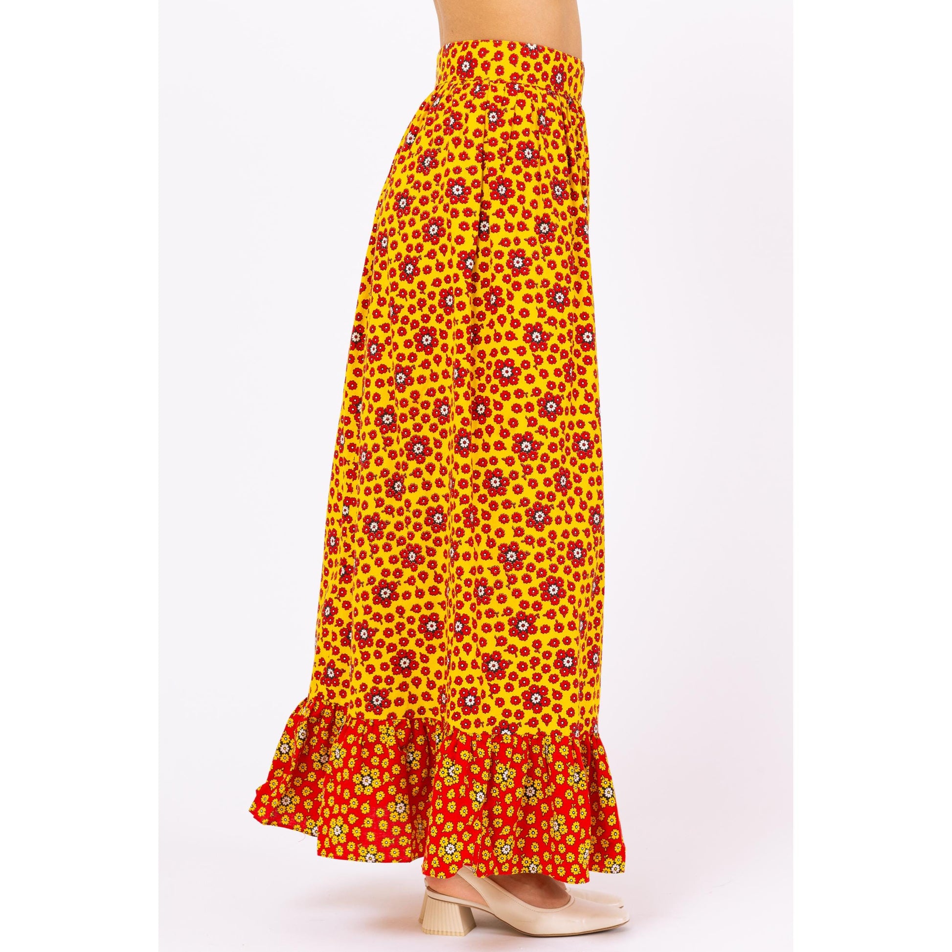 Vintage 70s Boho Flower Power Maxi Skirt - Small, 26" Waist | Yellow & Red Floral Long Summer Skirt, High Waist Cottagecore Skirt
