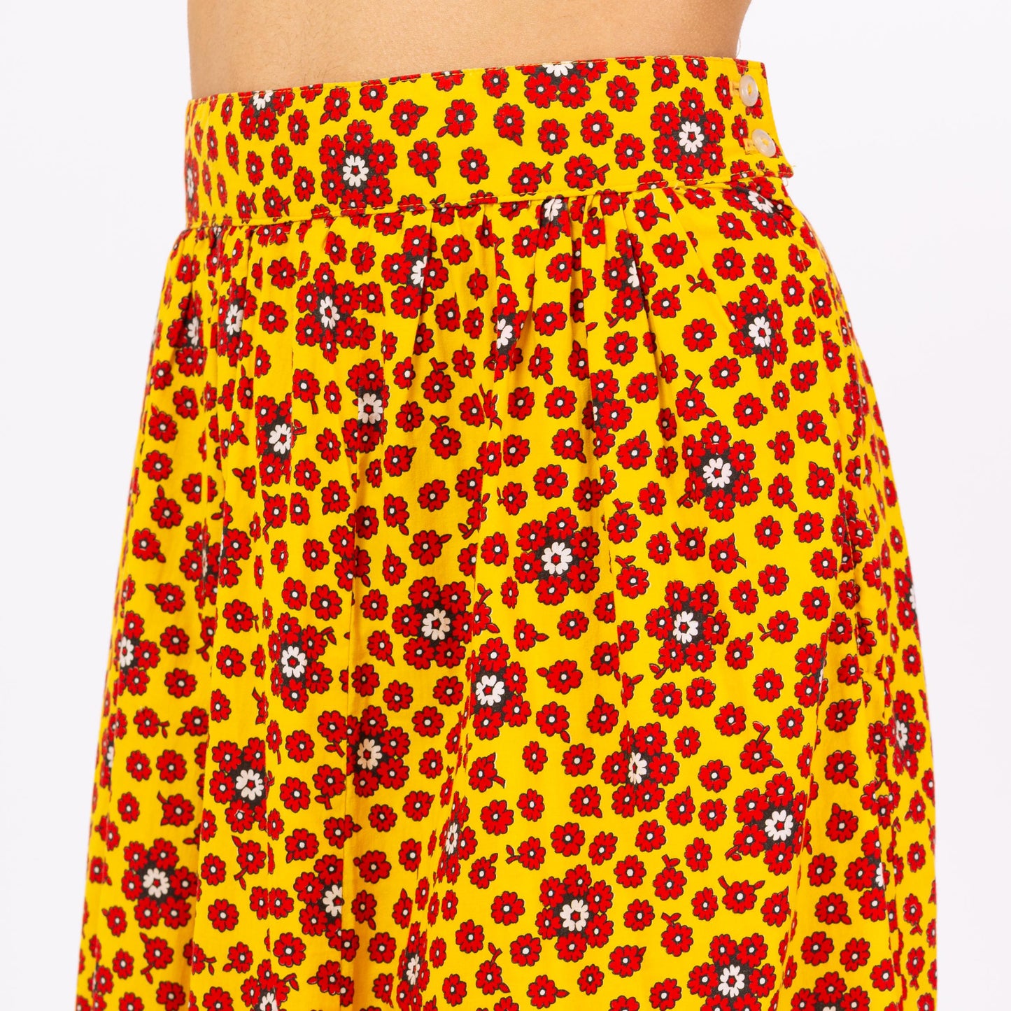 Vintage 70s Boho Flower Power Maxi Skirt - Small, 26" Waist | Yellow & Red Floral Long Summer Skirt, High Waist Cottagecore Skirt