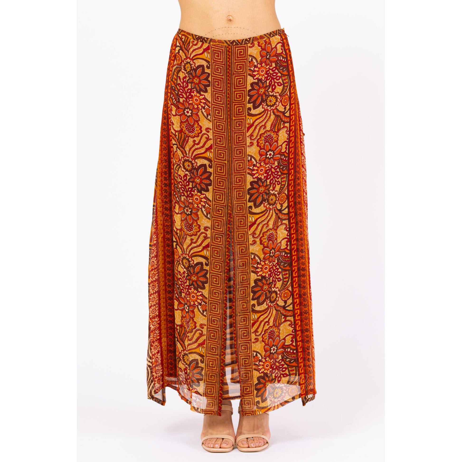 Vintage 90s René Derhy Earth Tone Floral Layered Maxi Skirt - Medium | Boho A Line Red & Yellow Split Panel Long Summer Skirt