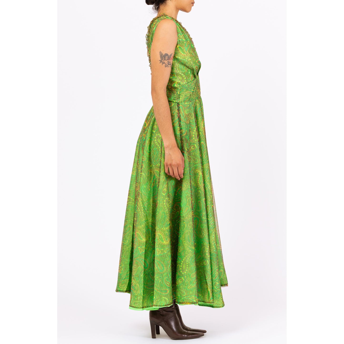 Vintage 60s Boho Green Metallic Paisley Print Maxi Gown - Medium | Paisley Print Sleeveless V Neck Fit & Flare Chiffon Party Dress