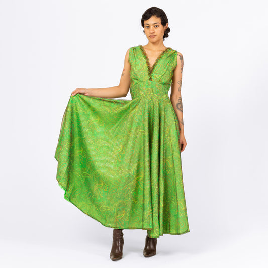 Vintage 60s Boho Green Metallic Paisley Print Maxi Gown - Medium | Paisley Print Sleeveless V Neck Fit & Flare Chiffon Party Dress