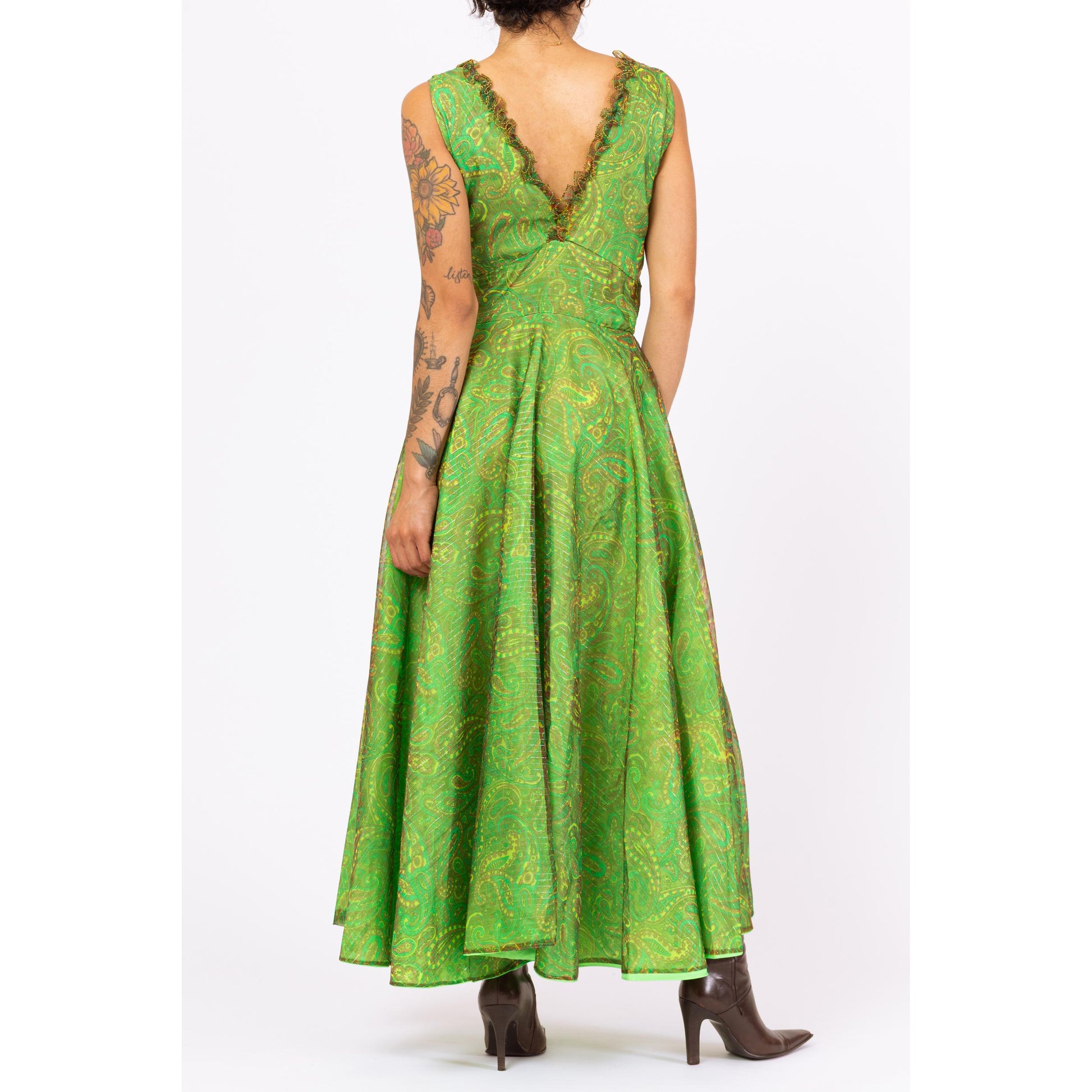 Vintage 60s Boho Green Metallic Paisley Print Maxi Gown - Medium | Paisley Print Sleeveless V Neck Fit & Flare Chiffon Party Dress