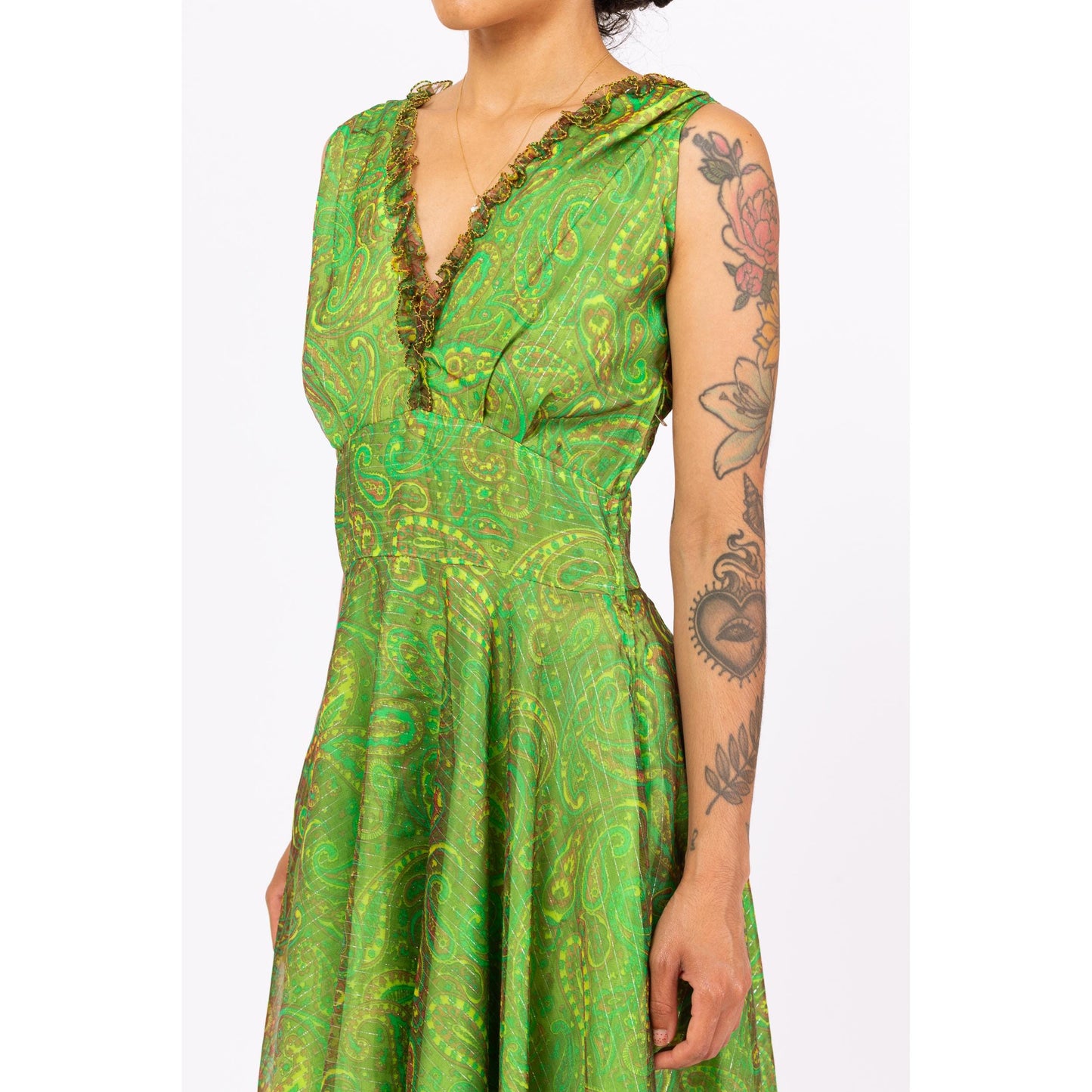Vintage 60s Boho Green Metallic Paisley Print Maxi Gown - Medium | Paisley Print Sleeveless V Neck Fit & Flare Chiffon Party Dress