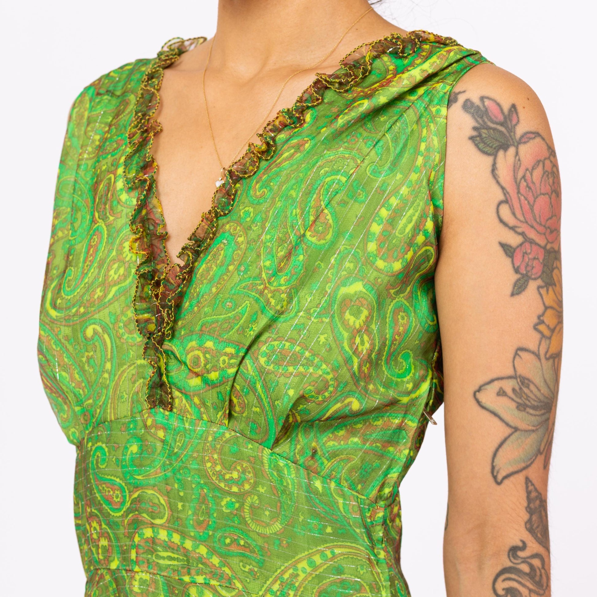 Vintage 60s Boho Green Metallic Paisley Print Maxi Gown - Medium | Paisley Print Sleeveless V Neck Fit & Flare Chiffon Party Dress