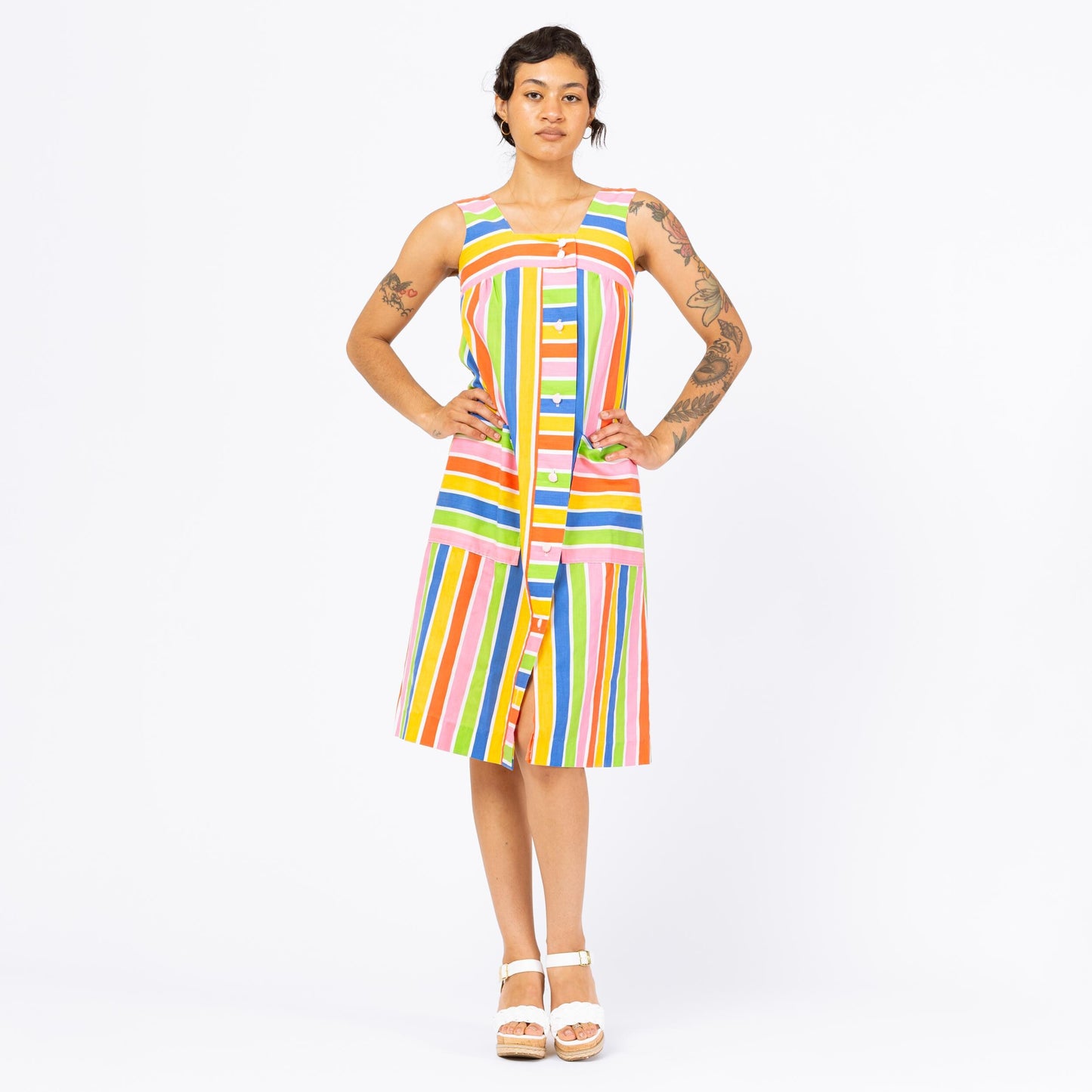 Vintage 60s Rainbow Striped Midi House Dress - Petite XS | Retro Sleeveless A-Line Tank Loungewear Dress, Button Up Pocket Sundress