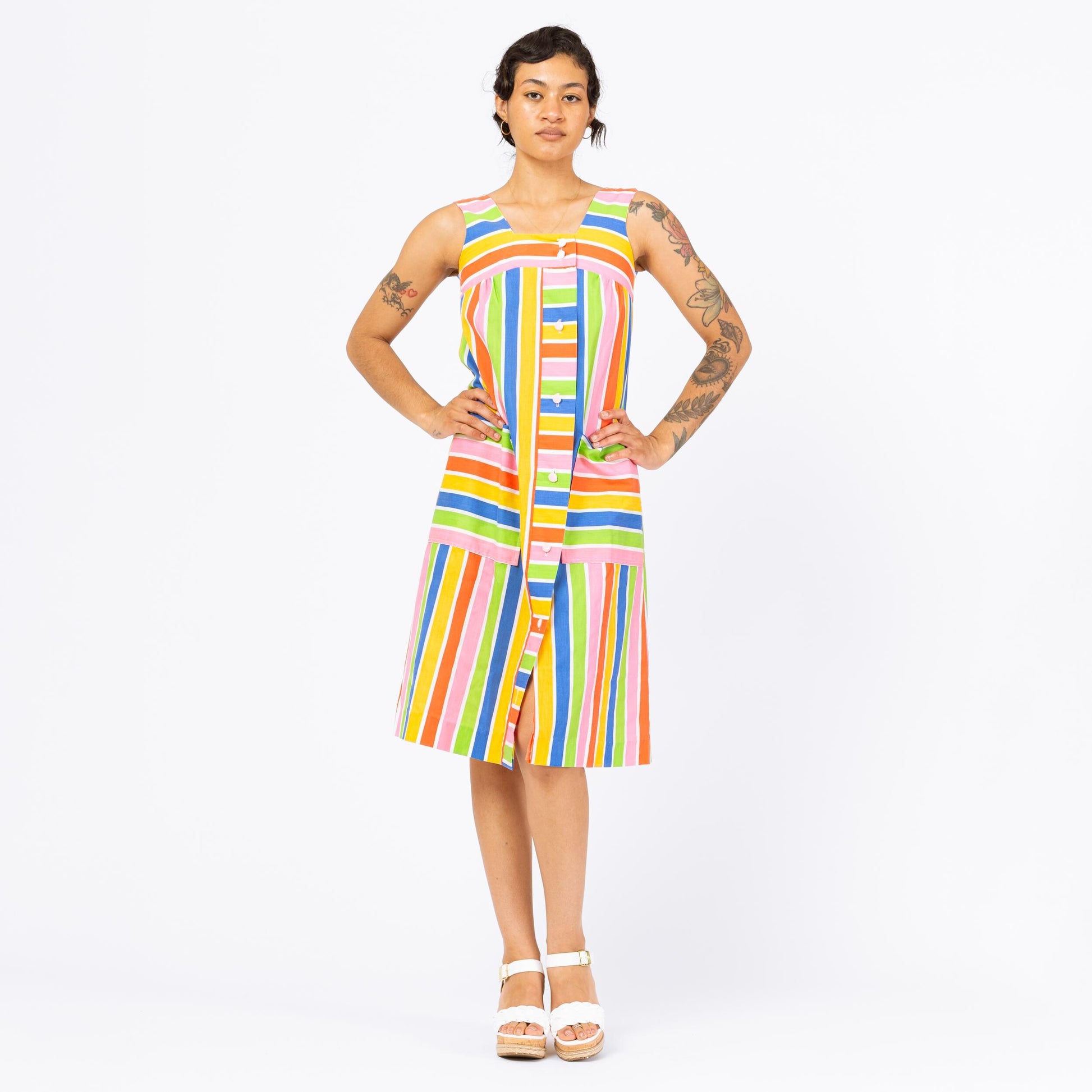 Vintage 60s Rainbow Striped Midi House Dress - Petite XS | Retro Sleeveless A-Line Tank Loungewear Dress, Button Up Pocket Sundress