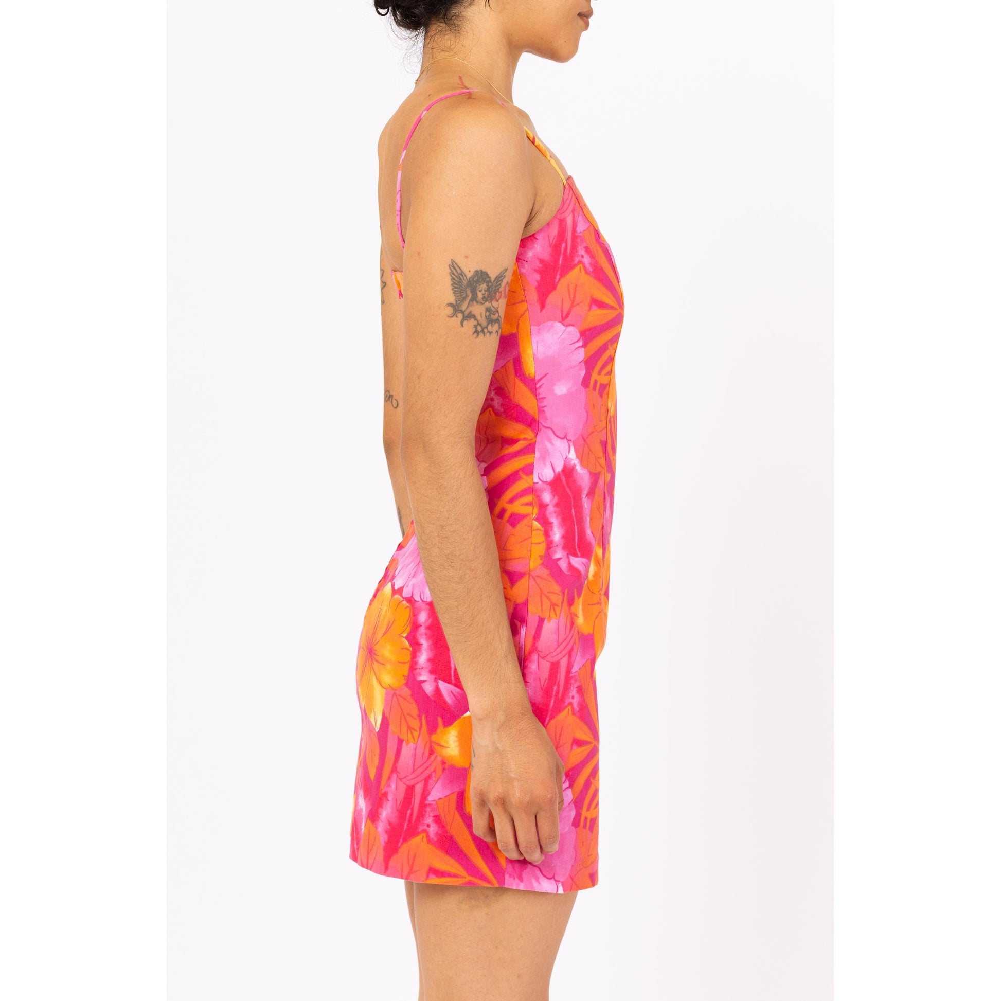 Vintage 90s Pink & Orange Tropical Floral Mini Dress - Extra Small Vintage 90s Pink & Orange Tropical Floral Mini Dress - Extra Small