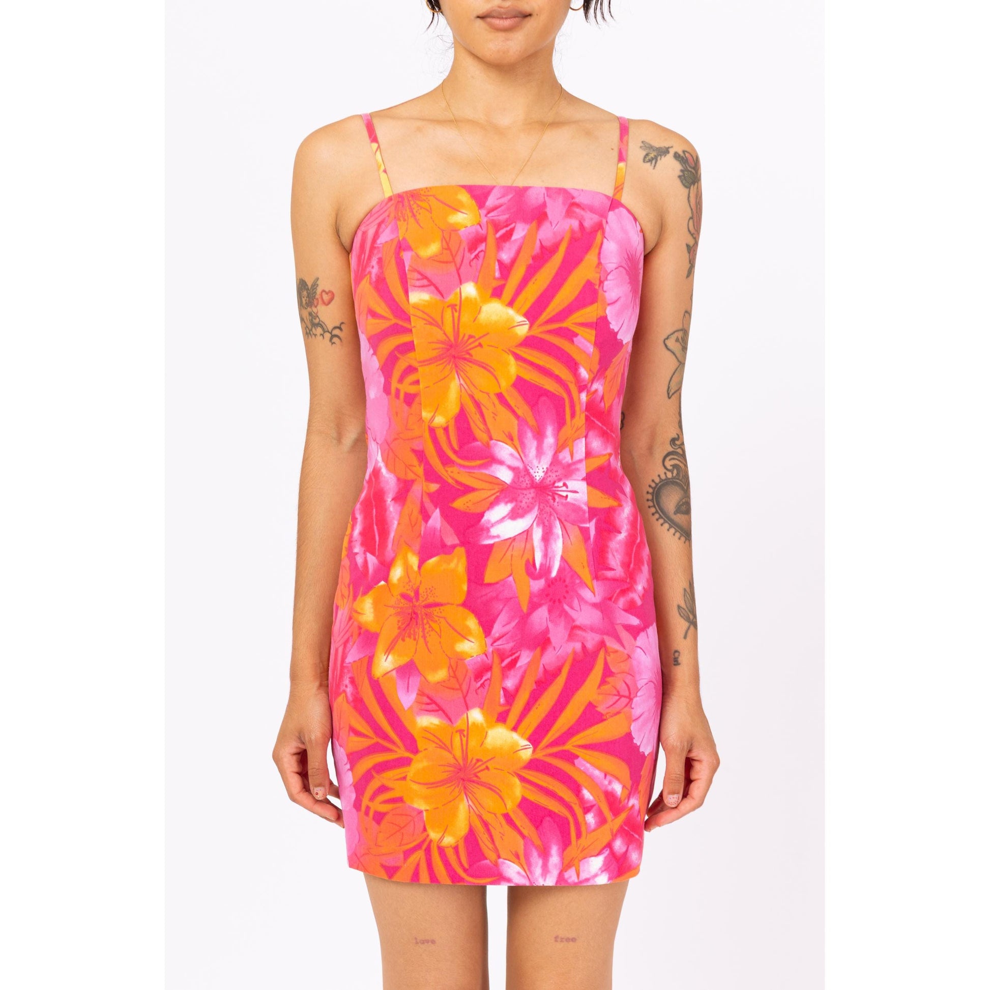 Vintage 90s Pink & Orange Tropical Floral Mini Dress - Extra Small Vintage 90s Pink & Orange Tropical Floral Mini Dress - Extra Small