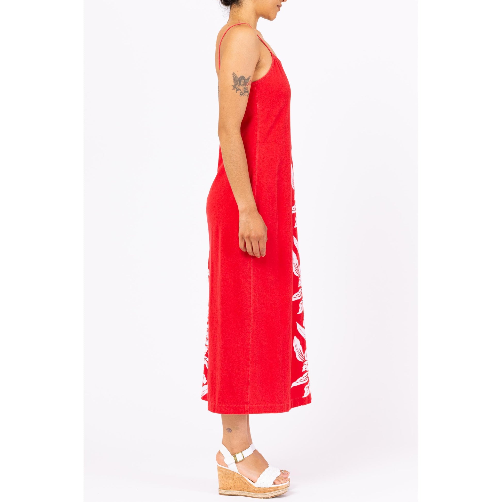 Vintage 90s Red & White Tropical Floral Maxi Dress - Small | Boho Beach Vacation Long Summer Dress, Spaghetti Strap Hawaiian Sundress