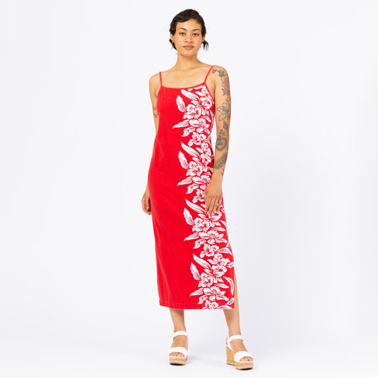 Vintage 90s Red & White Tropical Floral Maxi Dress - Small | Boho Beach Vacation Long Summer Dress, Spaghetti Strap Hawaiian Sundress