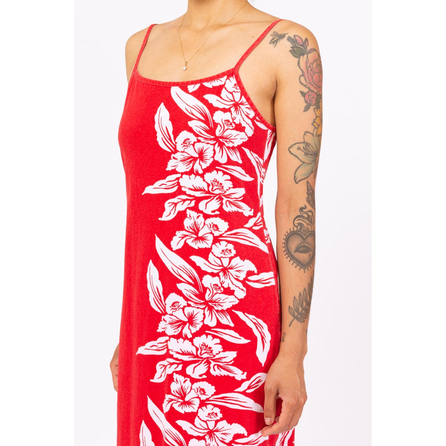 Vintage 90s Red & White Tropical Floral Maxi Dress - Small | Boho Beach Vacation Long Summer Dress, Spaghetti Strap Hawaiian Sundress