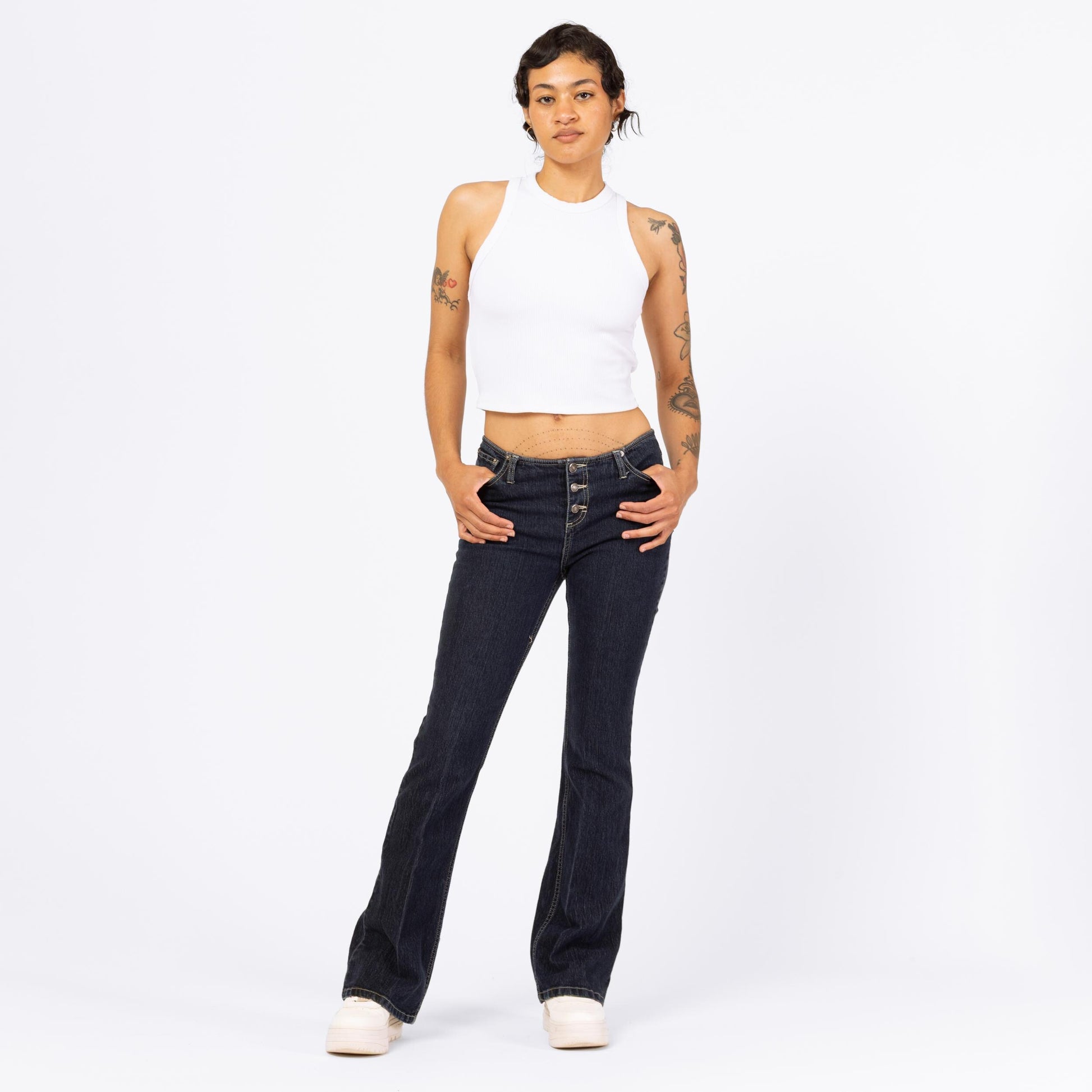 Vintage Y2K Low Rise Dark Wash Flared Jeans - Extra Small | 90s 2000s Jordache Exposed Button Fly Denim Bootcut Flares