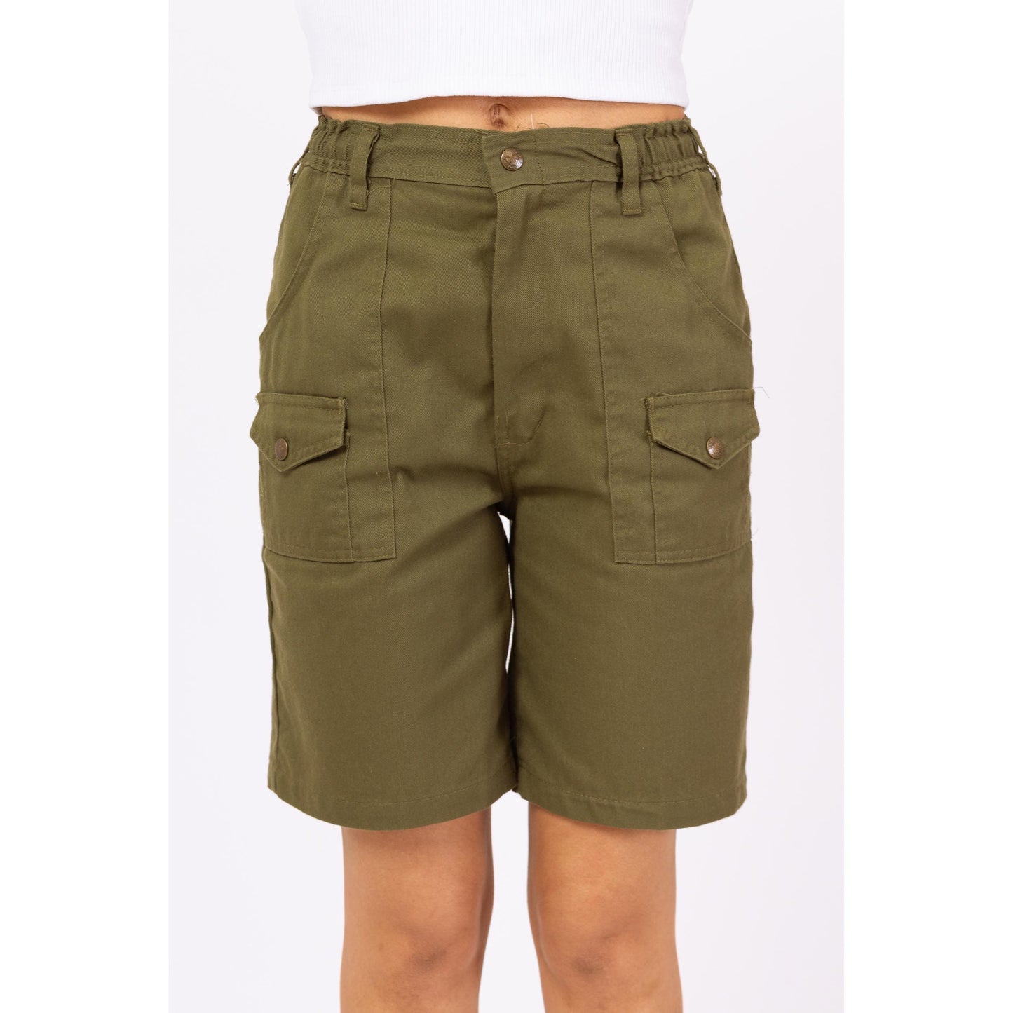 Vintage 80s Boy Scout Uniform Cargo Shorts - XS to Small, 23"-26" Waist | Olive Green High Waisted Utility Long Inseam Bermuda Shorts