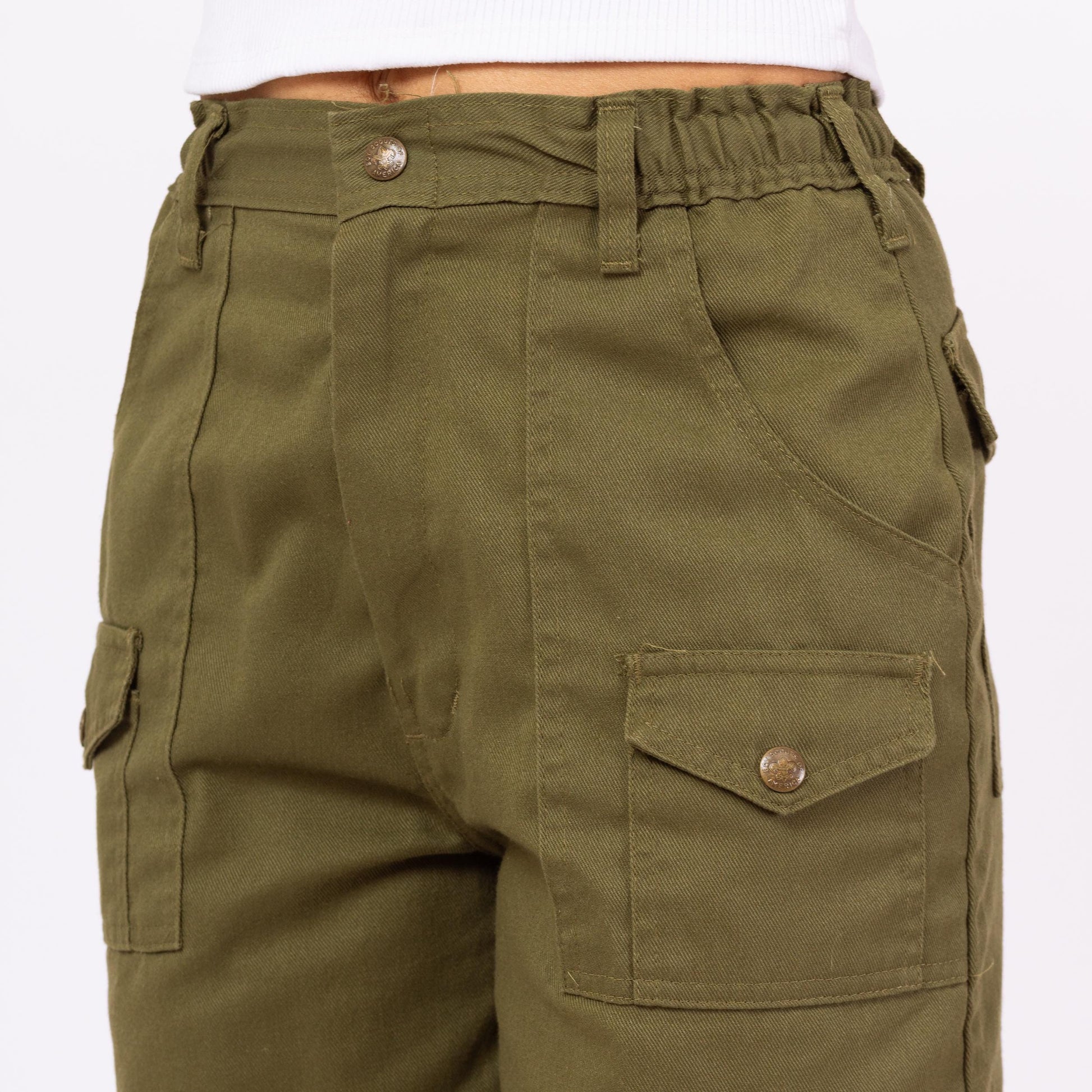 Vintage 80s Boy Scout Uniform Cargo Shorts - XS to Small, 23"-26" Waist | Olive Green High Waisted Utility Long Inseam Bermuda Shorts