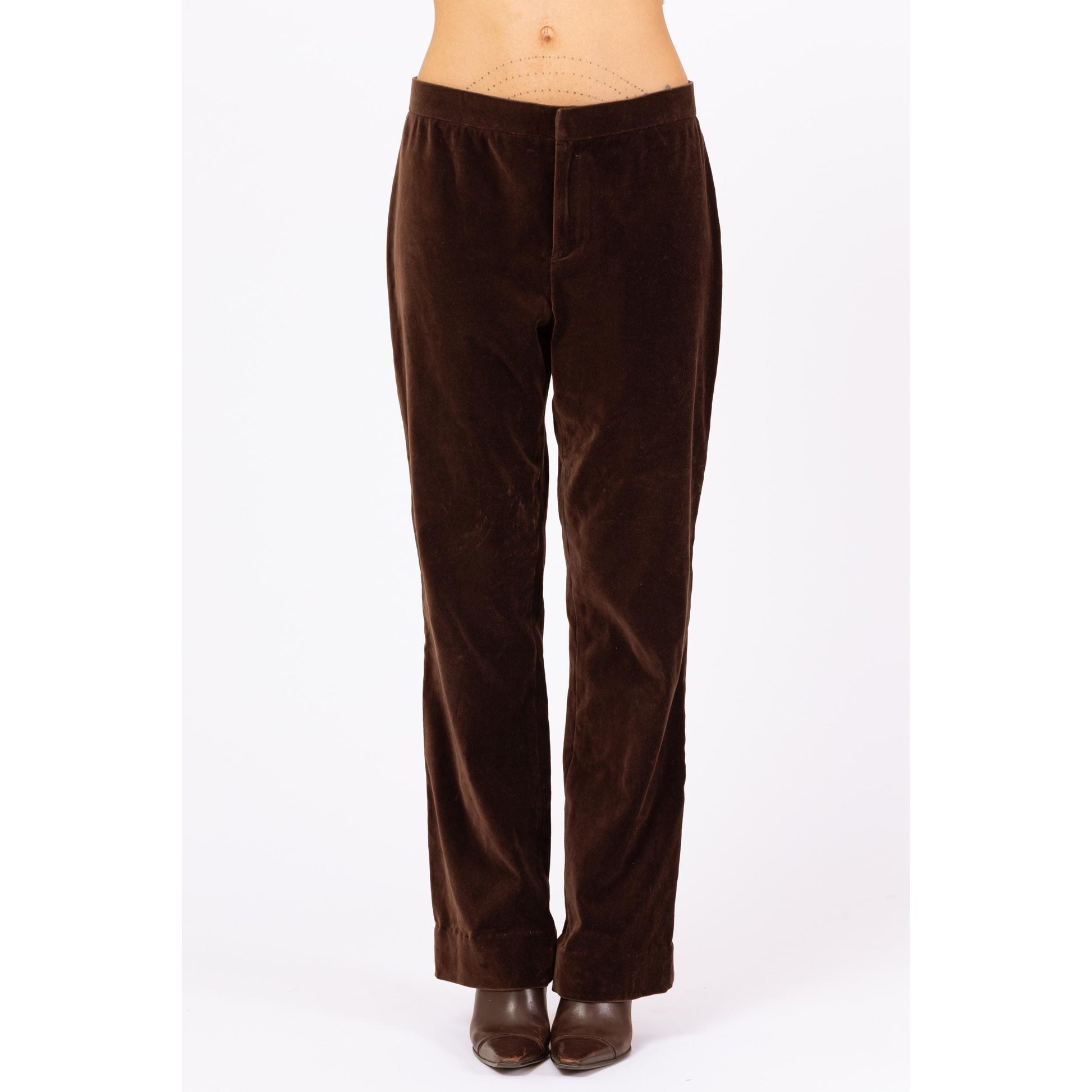 Vintage Y2K Ralph Lauren Brown Velvet Pants - Small, Size 6 | Minimalist Mid Rise Straight Leg Trousers
