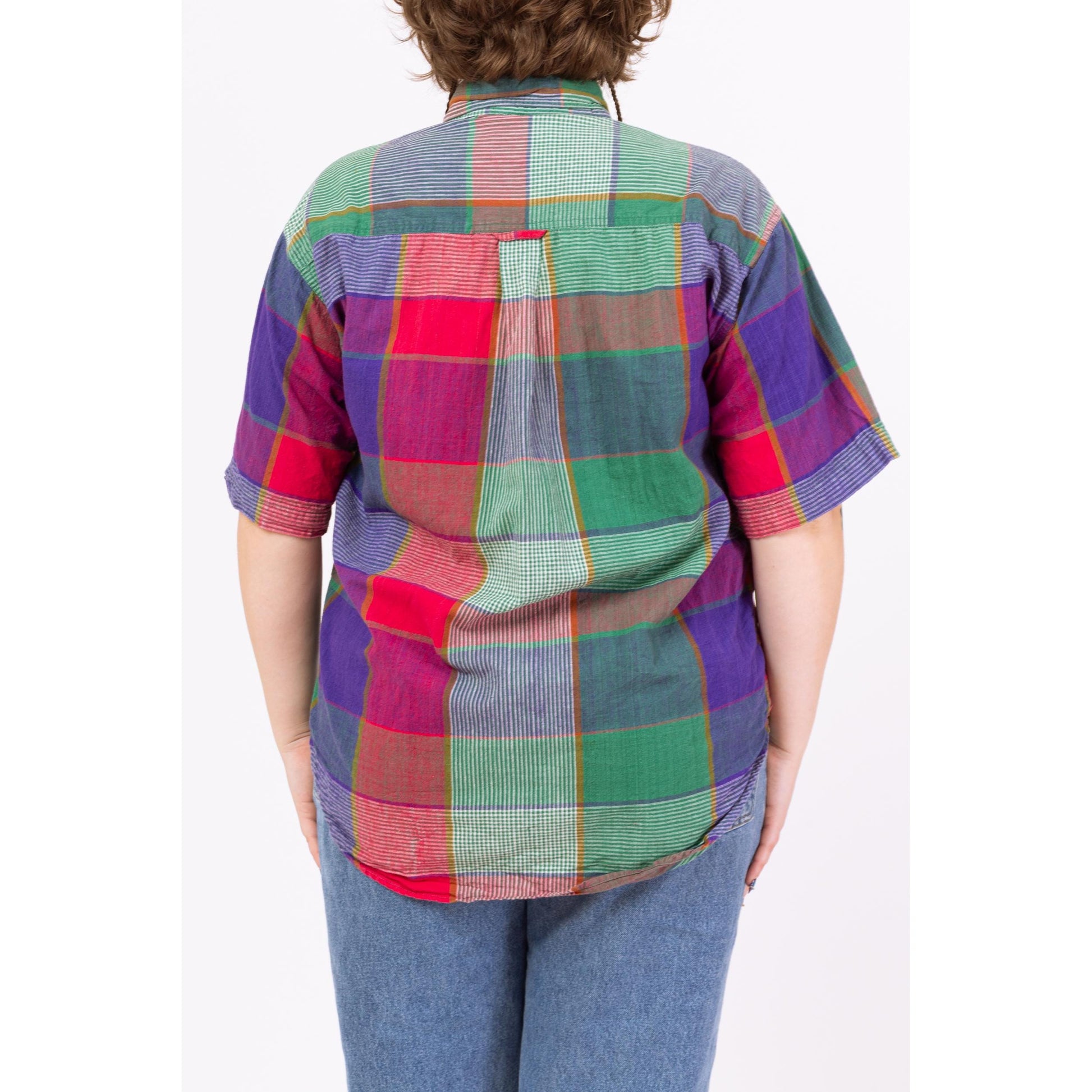 Vintage 90s Madras Plaid Short Sleeve Button Up Shirt - Large | Grunge Collared Top, Green Red Color Block Blouse