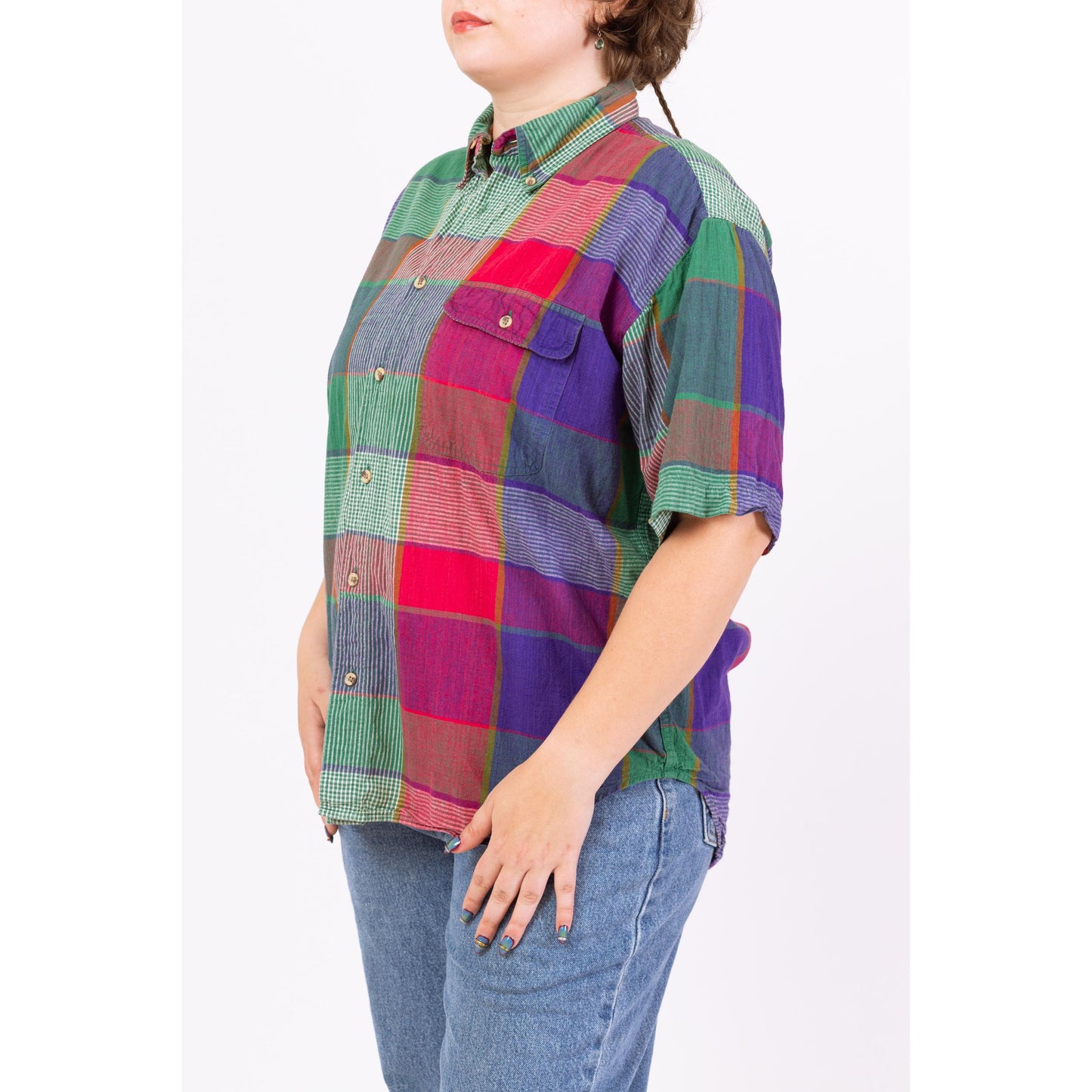 Vintage 90s Madras Plaid Short Sleeve Button Up Shirt - Large | Grunge Collared Top, Green Red Color Block Blouse