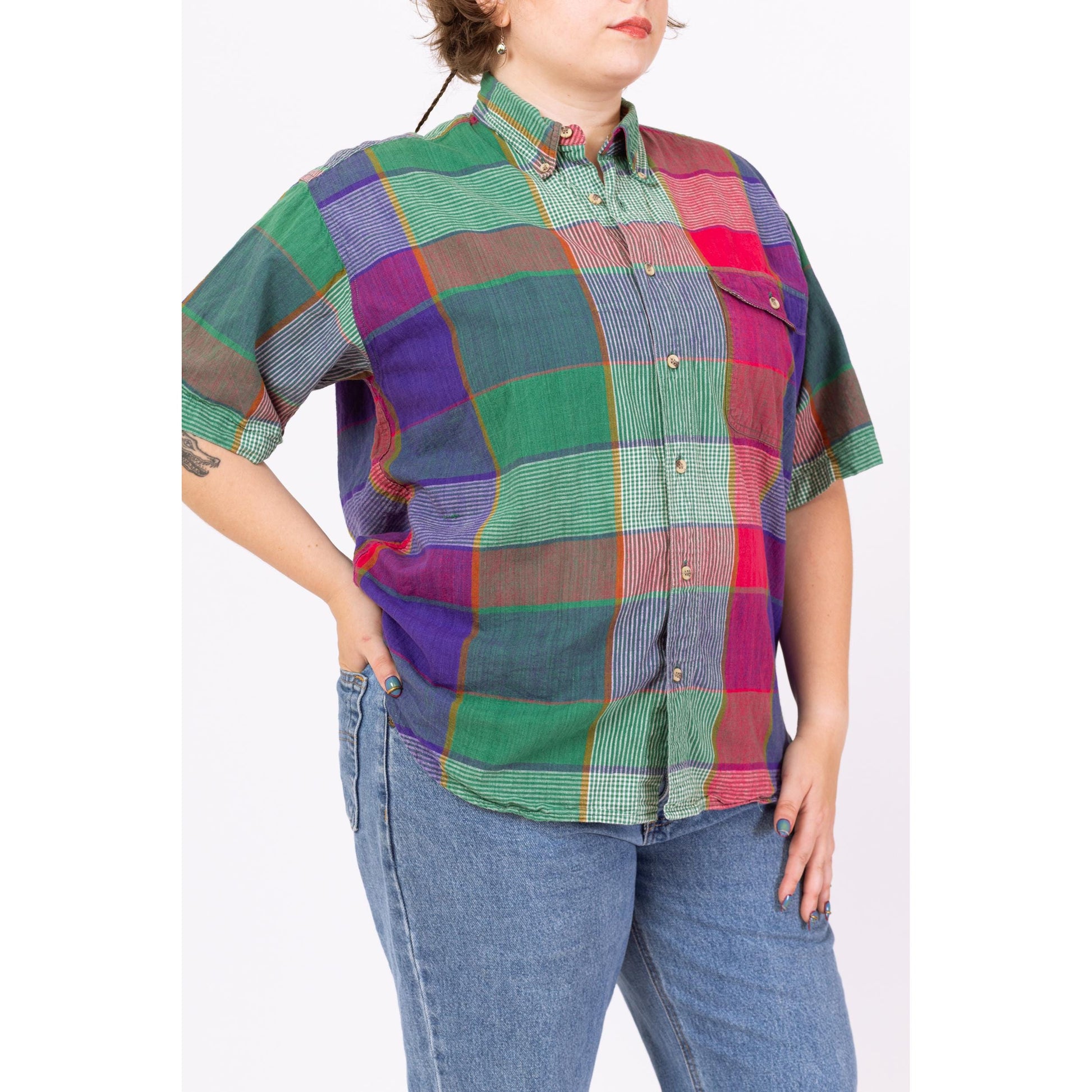 Vintage 90s Madras Plaid Short Sleeve Button Up Shirt - Large | Grunge Collared Top, Green Red Color Block Blouse