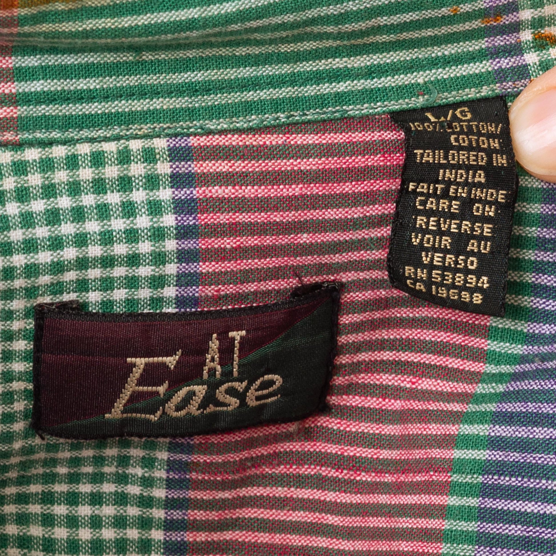 Vintage 90s Madras Plaid Short Sleeve Button Up Shirt - Large | Grunge Collared Top, Green Red Color Block Blouse