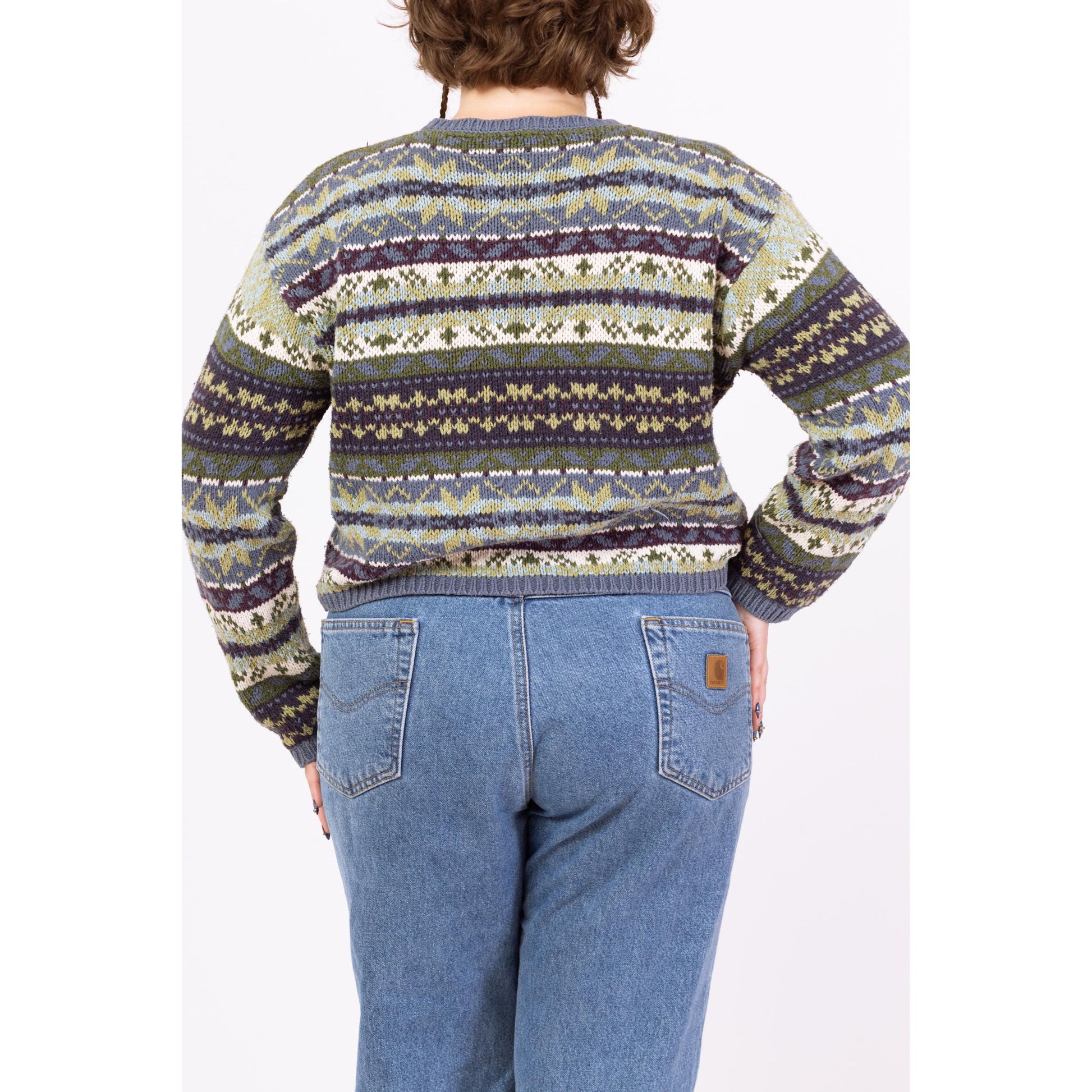 Vintage 90s Eddie Bauer Fair Isle Cropped Sweater - Large | Soft Cotton Knit Grunge Pullover, Slouchy Boxy Fit Jumper