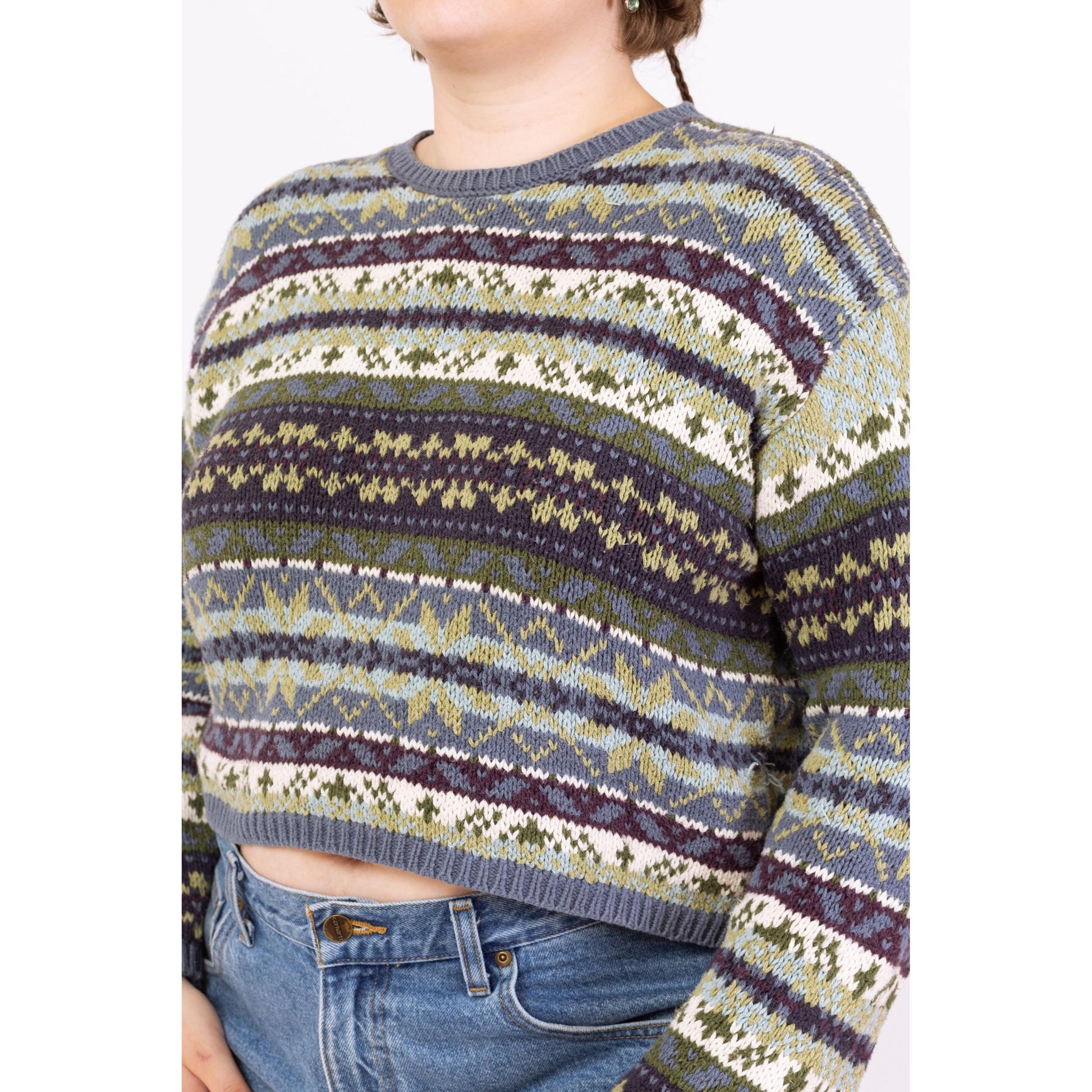 Vintage 90s Eddie Bauer Fair Isle Cropped Sweater - Large | Soft Cotton Knit Grunge Pullover, Slouchy Boxy Fit Jumper