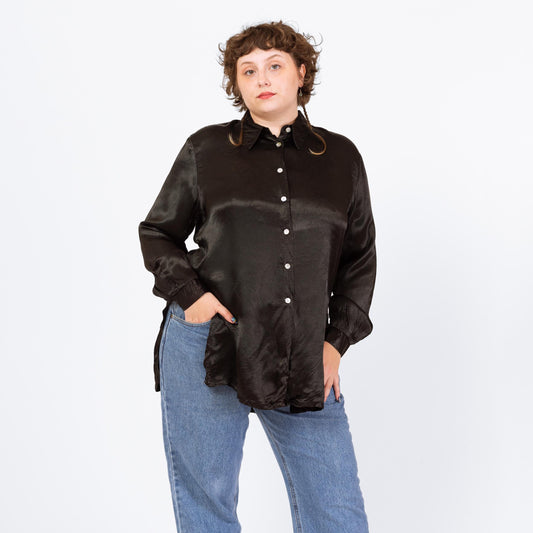 Vintage 90s Black Satin Long Side Slit Blouse - Extra Large | Minimalist Longline Oversize Button Up Collared Shirt