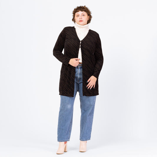 Vintage 90s Black Metallic Striped Slinky Overshirt - Extra Large | Stretchy Long Sleeve Button Front Longline Open Front Cardigan Blouse
