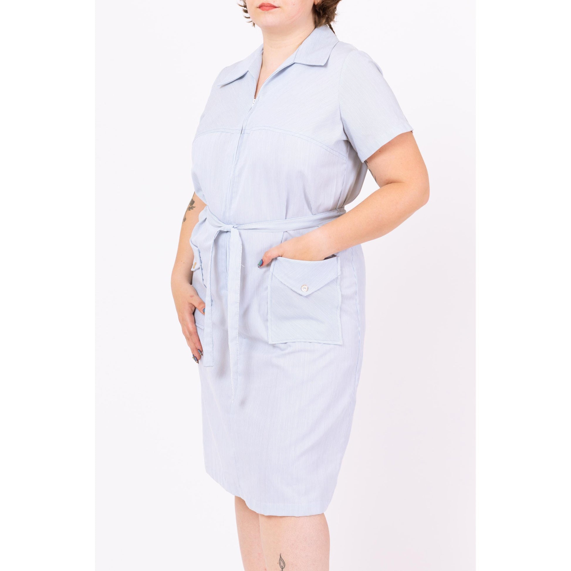 Vintage 60s Blue & White Pinstripe Waitress Dress - Extra Large | Retro Collared Short Sleeve Belted Midi Dress, Plus Size Uniform Dress