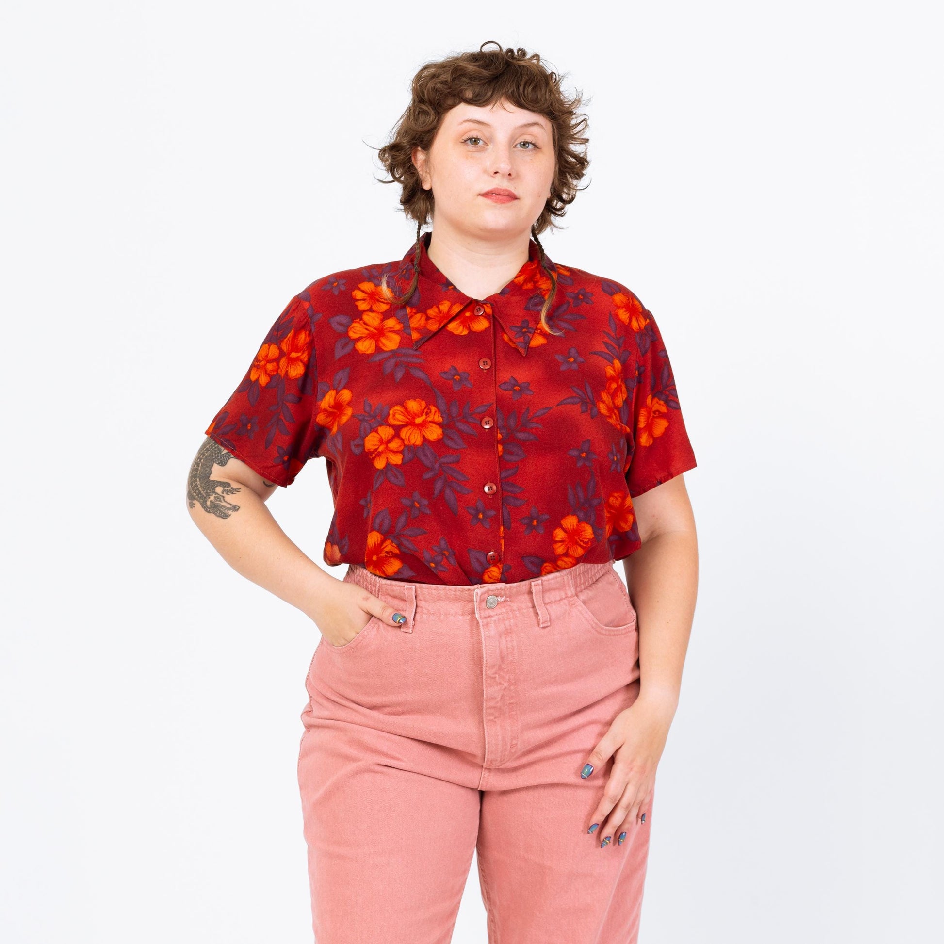 Vintage 90s Red Tropical Floral Soft Rayon Blouse - Extra Large | Short Sleeve Button Up Collared Top, Boho Hawaiian Aloha Shirt