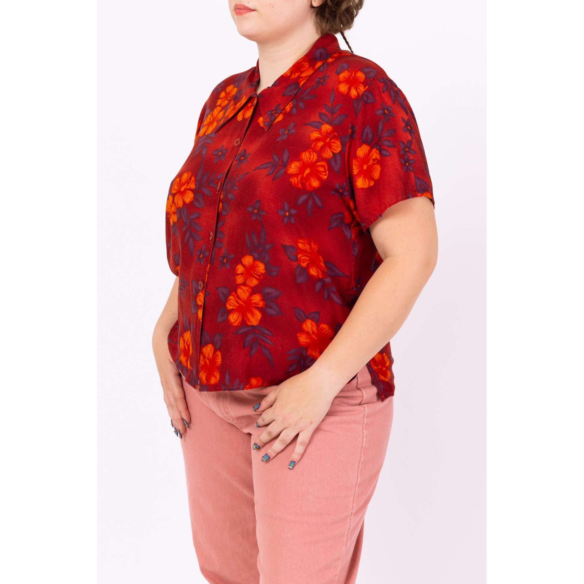 Vintage 90s Red Tropical Floral Soft Rayon Blouse - Extra Large | Short Sleeve Button Up Collared Top, Boho Hawaiian Aloha Shirt