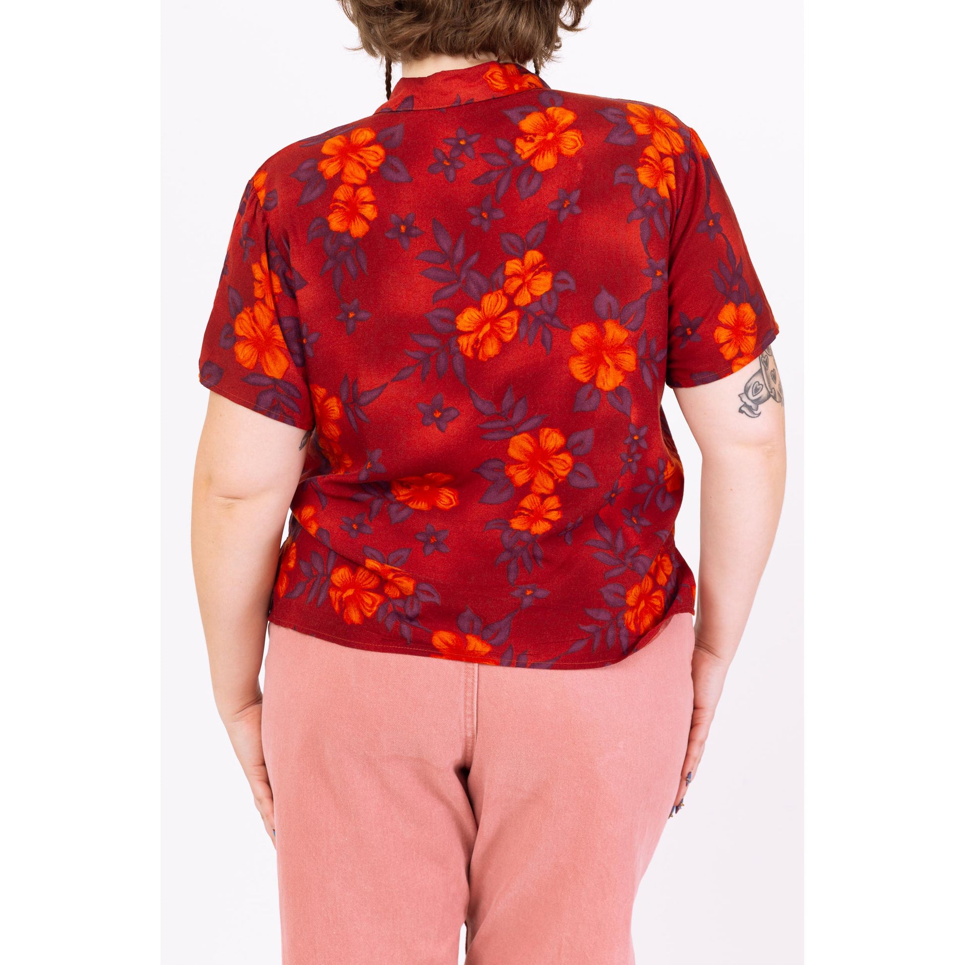 Vintage 90s Red Tropical Floral Soft Rayon Blouse - Extra Large | Short Sleeve Button Up Collared Top, Boho Hawaiian Aloha Shirt