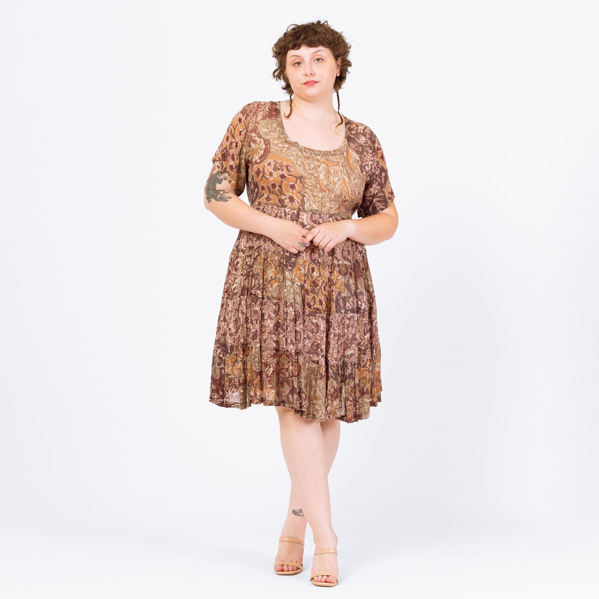 Vintage 90s Boho Earth Tone Floral Babydoll Dress - Large | Brown Gauzy Rayon Summer Sundress, Half Sleeve Tie Back Midi Dress