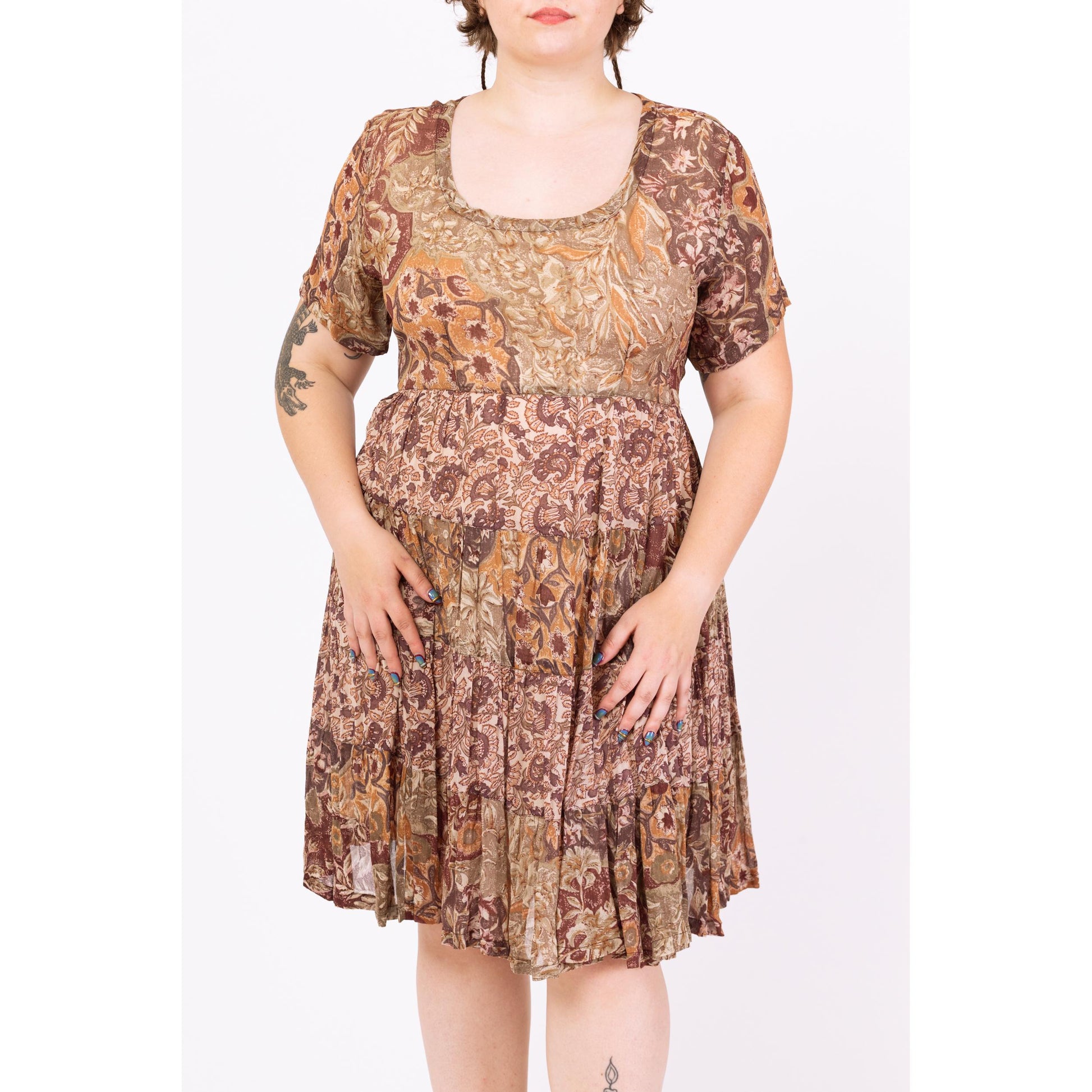 Vintage 90s Boho Earth Tone Floral Babydoll Dress - Large | Brown Gauzy Rayon Summer Sundress, Half Sleeve Tie Back Midi Dress