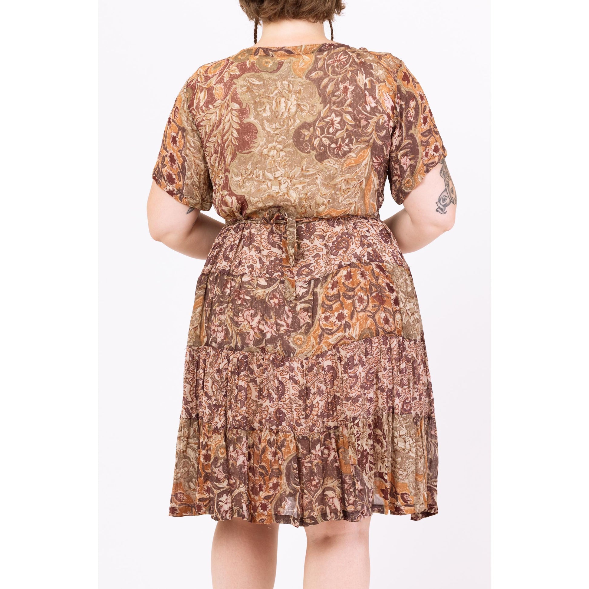 Vintage 90s Boho Earth Tone Floral Babydoll Dress - Large | Brown Gauzy Rayon Summer Sundress, Half Sleeve Tie Back Midi Dress