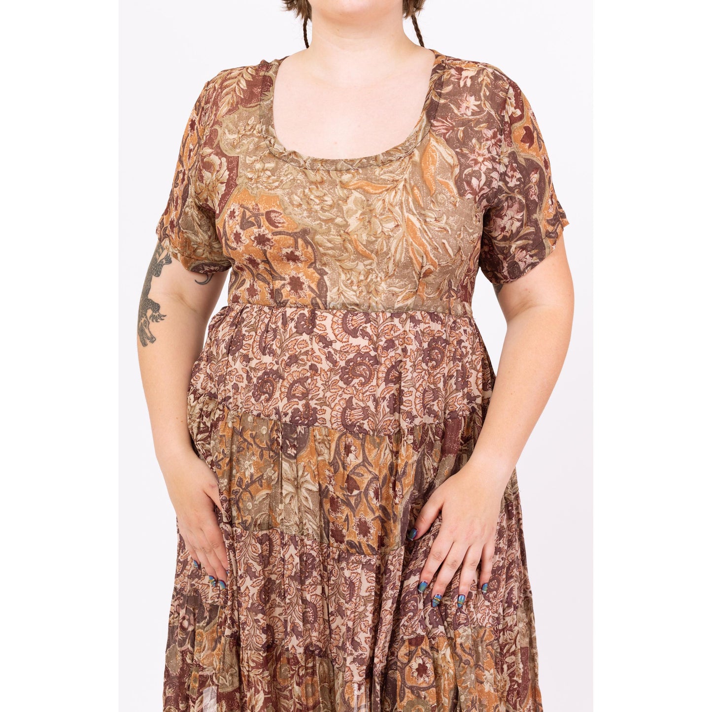 Vintage 90s Boho Earth Tone Floral Babydoll Dress - Large | Brown Gauzy Rayon Summer Sundress, Half Sleeve Tie Back Midi Dress