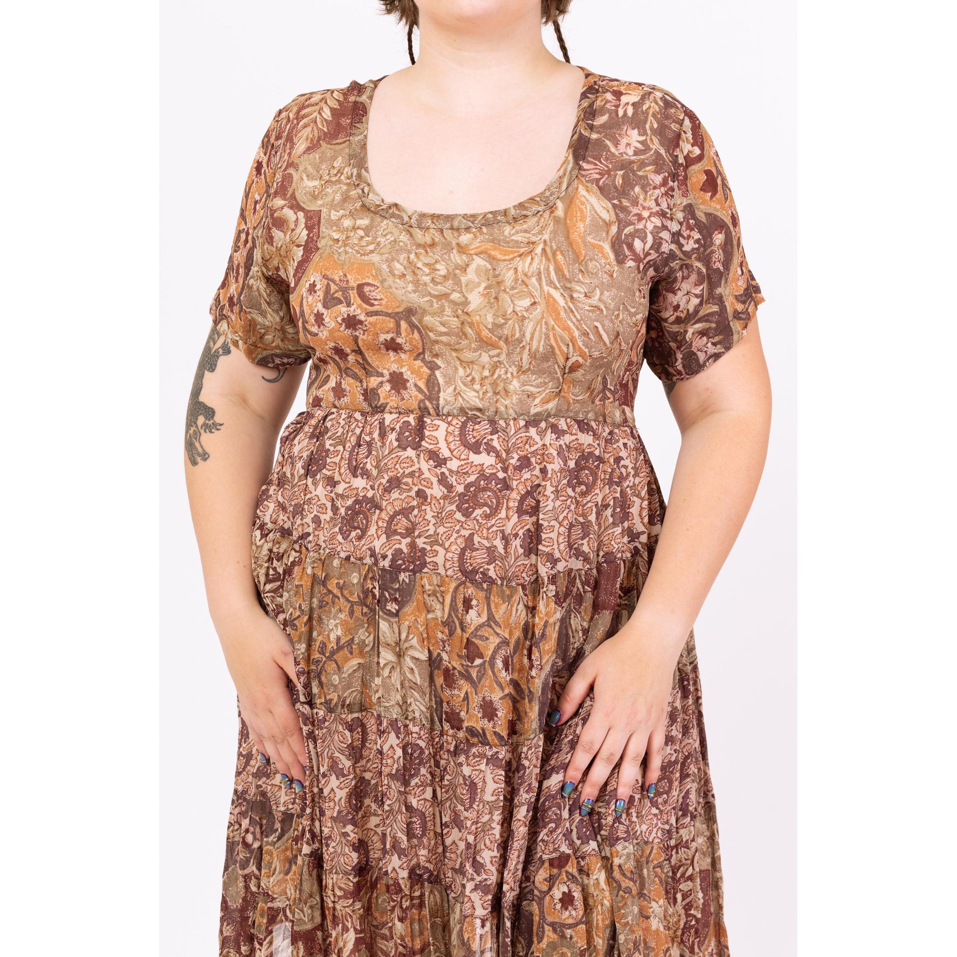 Vintage 90s Boho Earth Tone Floral Babydoll Dress - Large | Brown Gauzy Rayon Summer Sundress, Half Sleeve Tie Back Midi Dress