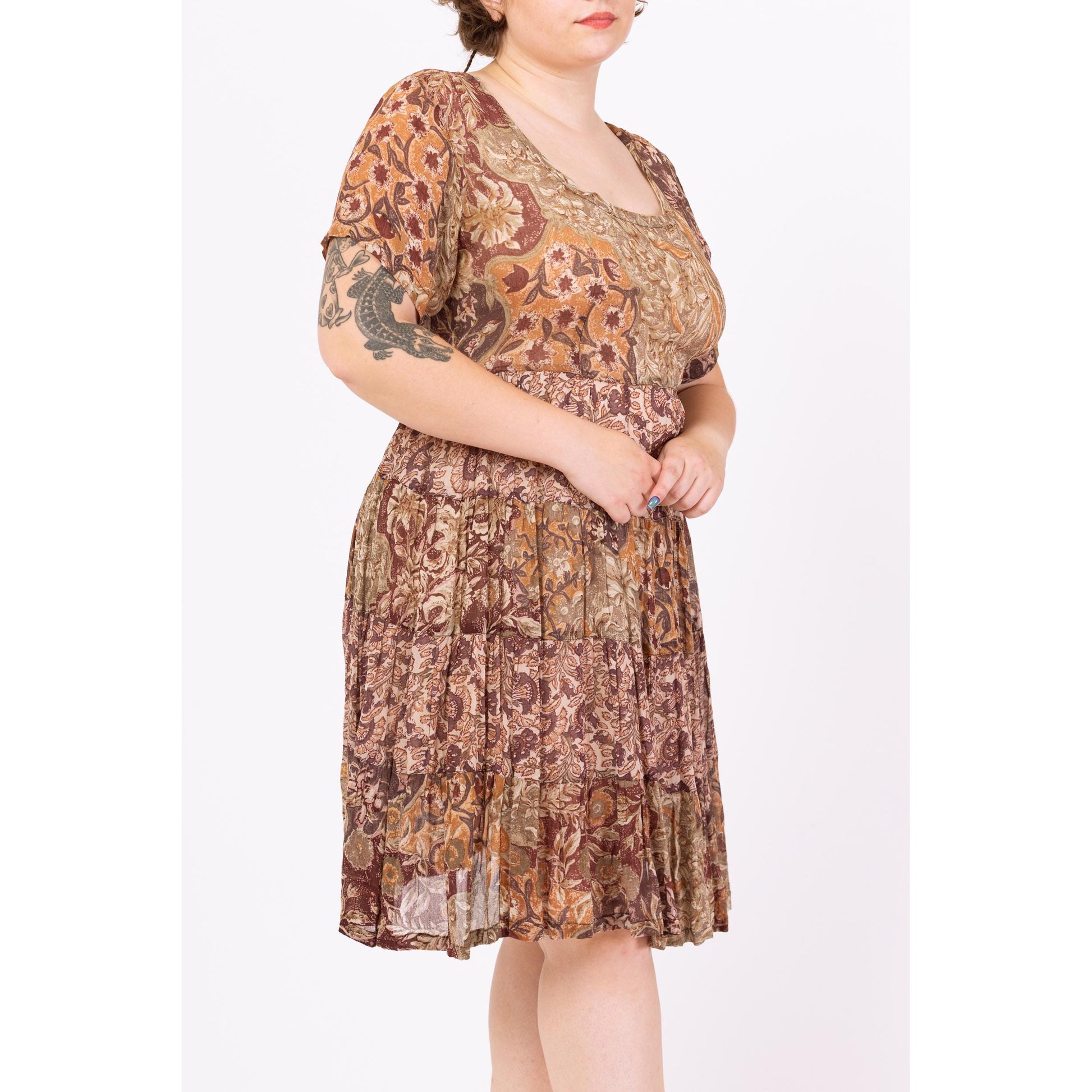 Vintage 90s Boho Earth Tone Floral Babydoll Dress - Large | Brown Gauzy Rayon Summer Sundress, Half Sleeve Tie Back Midi Dress