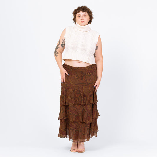Vintage Y2K Ralph Lauren Boho Brown Silk Tiered Maxi Skirt – Extra Large | Long Flowy Skirt, Paisley Print Formal Fairycore Skirt