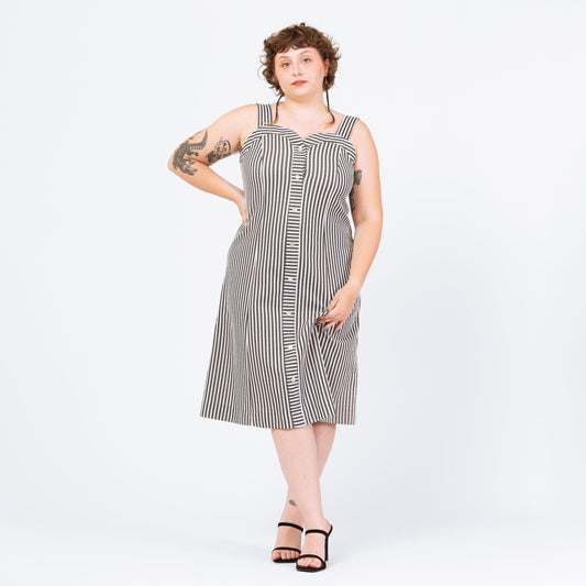 Vintage 70s Black & White Striped Midi Dress - Large | Retro Sleeveless Sweetheart Neck A Line Button Up Sundress