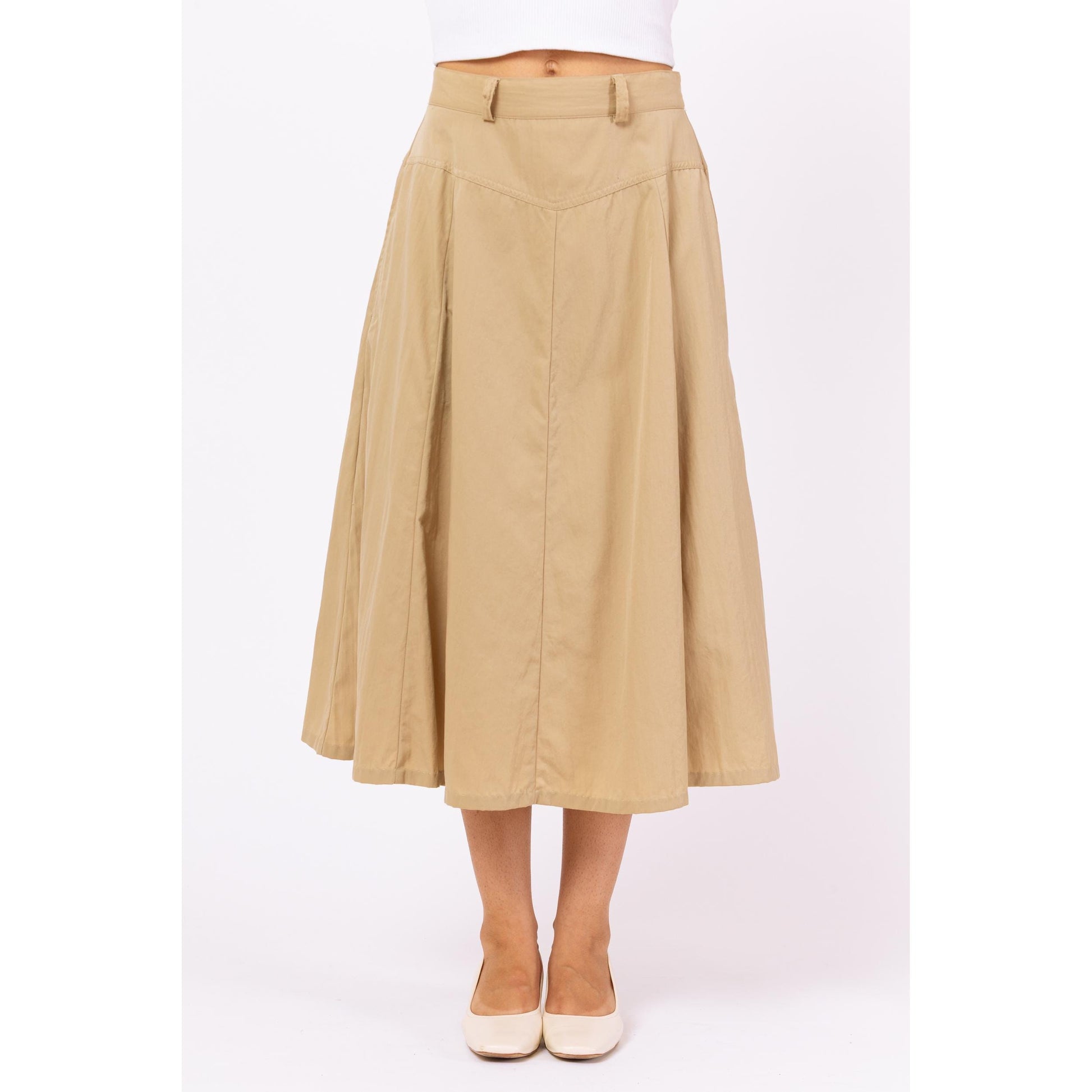 Vintage 90s Khaki Yoked Waist Safari Midi Skirt - Small to Medium, 27"-28" Waist | A-Line Tan High Waisted Western Skirt With Pockets
