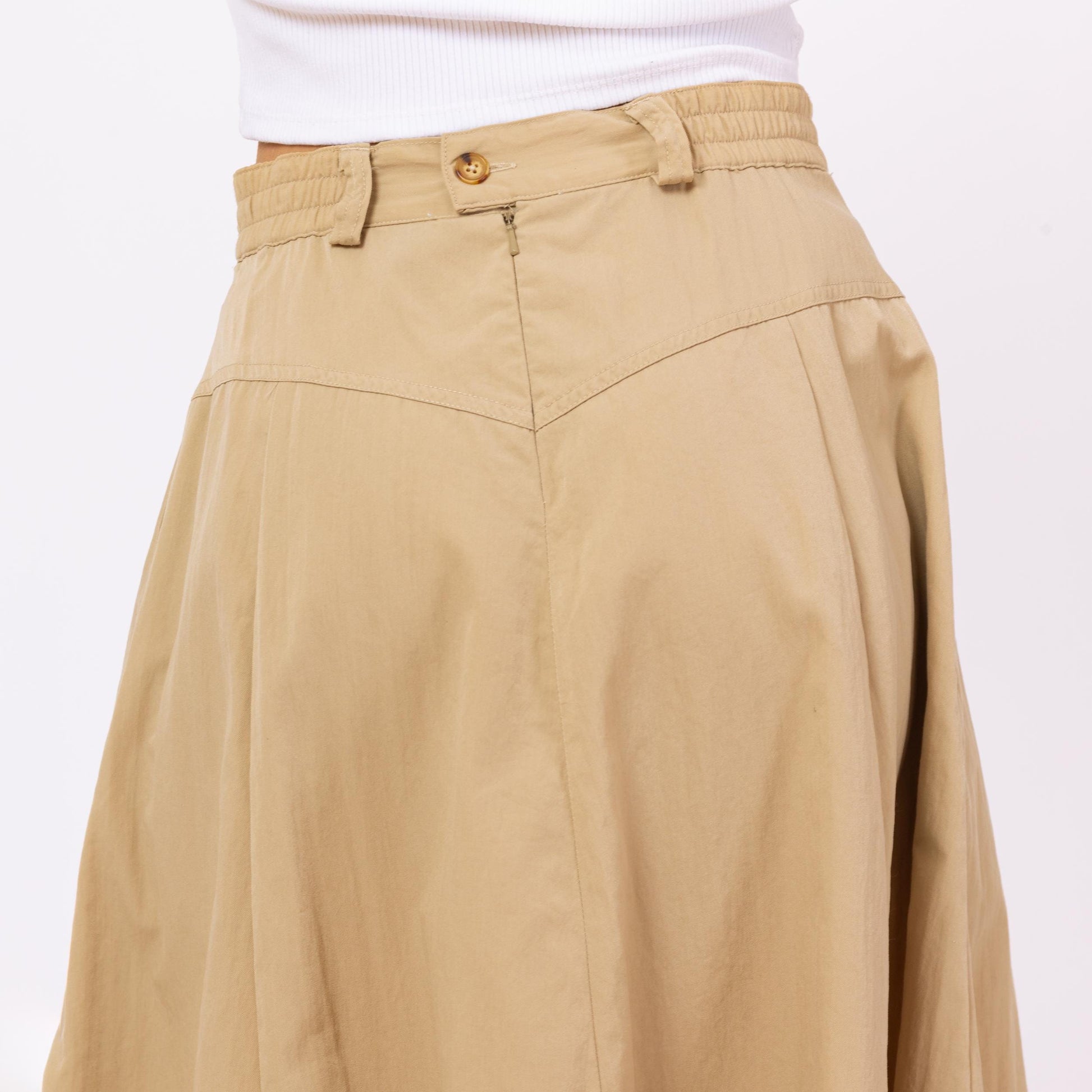 Vintage 90s Khaki Yoked Waist Safari Midi Skirt - Small to Medium, 27"-28" Waist | A-Line Tan High Waisted Western Skirt With Pockets