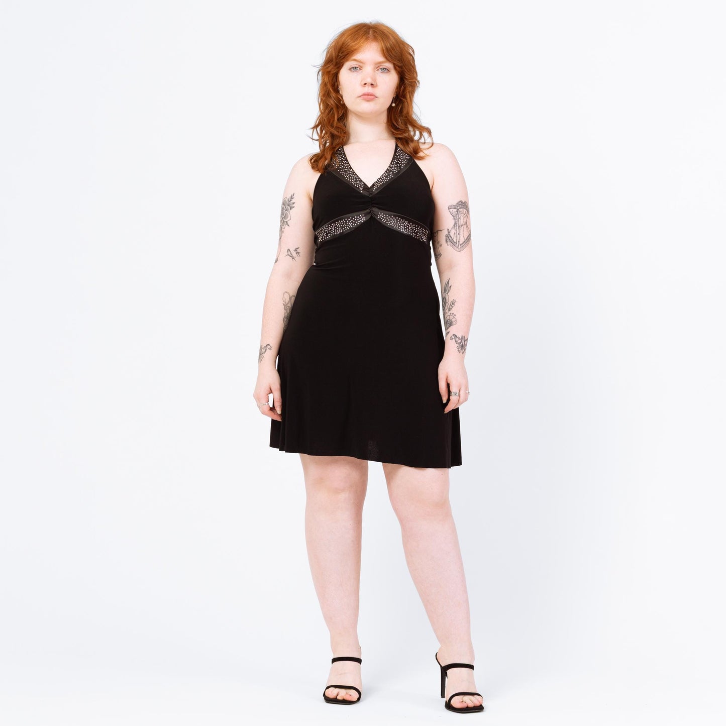 Vintage Y2K Black Studded Halter Mini Dress - Medium | Rhinestone Satin Trim Party Dress, 2000s Club Outfit