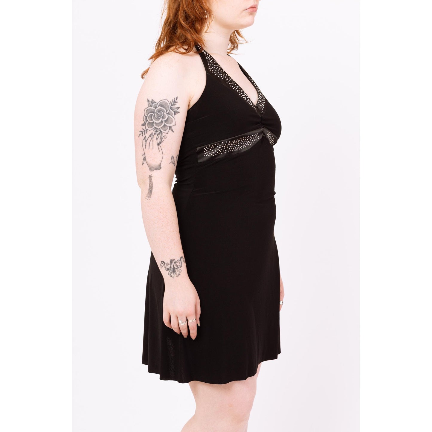 Vintage Y2K Black Studded Halter Mini Dress - Medium | Rhinestone Satin Trim Party Dress, 2000s Club Outfit