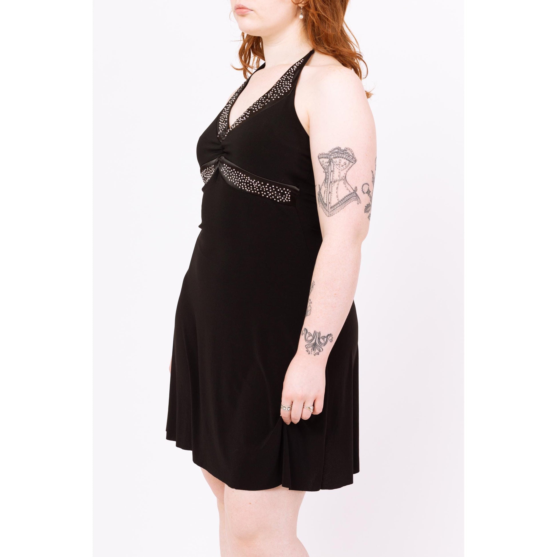 Vintage Y2K Black Studded Halter Mini Dress - Medium | Rhinestone Satin Trim Party Dress, 2000s Club Outfit