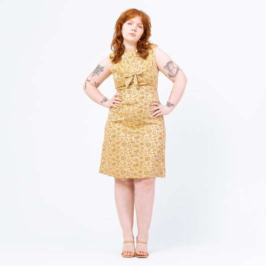 Vintage 60s Gold Brocade Cocktail Dress - Medium | Retro Jacquard A Line Sleeveless Formal Party Dress