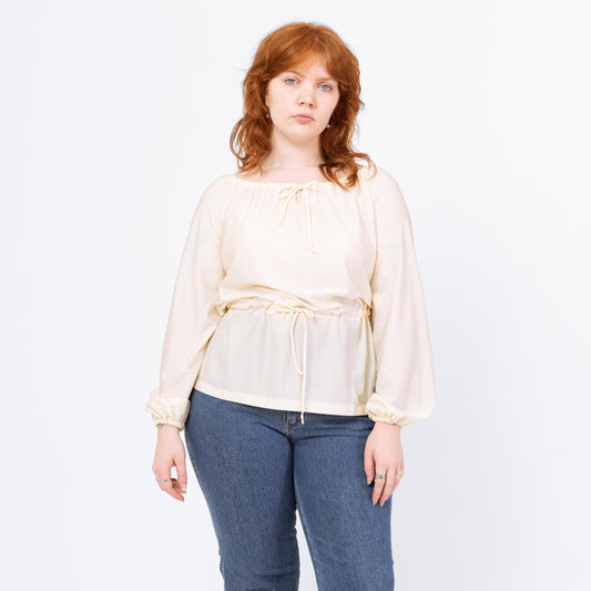Vintage 70s Ivory Cinched Waist Peasant Blouse - Large | Boho Cottagecore Poet Sleeve Top, Romantic White Long Sleeve Blouse