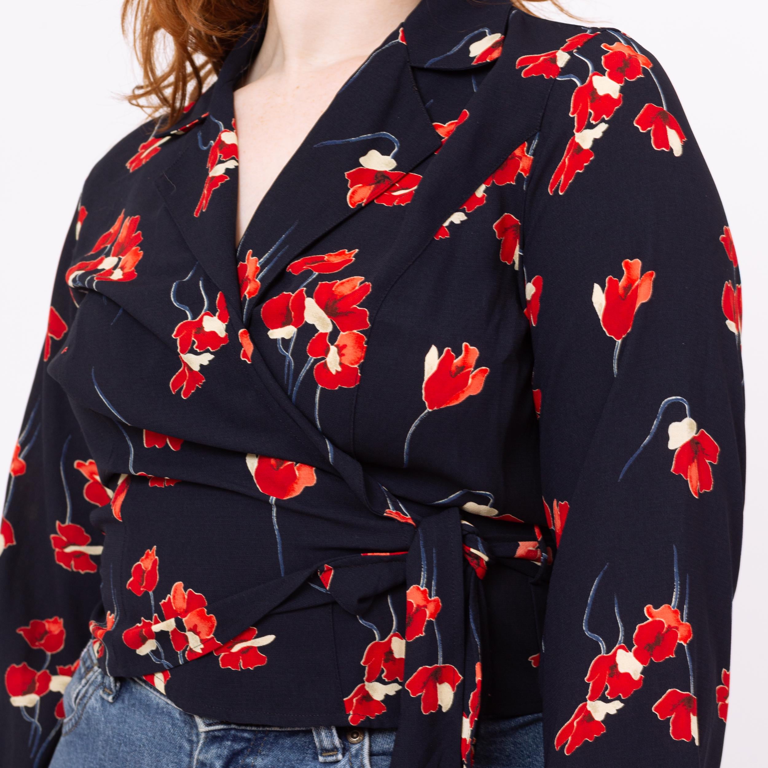 無料配達 Vintage Y2K Navy Blue Poppy Floral Print Wrap Blouse トップス