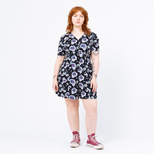 Vintage 90s Blue Sunflower Floral Print Romper - Medium to Large | Boho Grunge Corset Back Cinched Waist Short Sleeve Button Up Playsuit