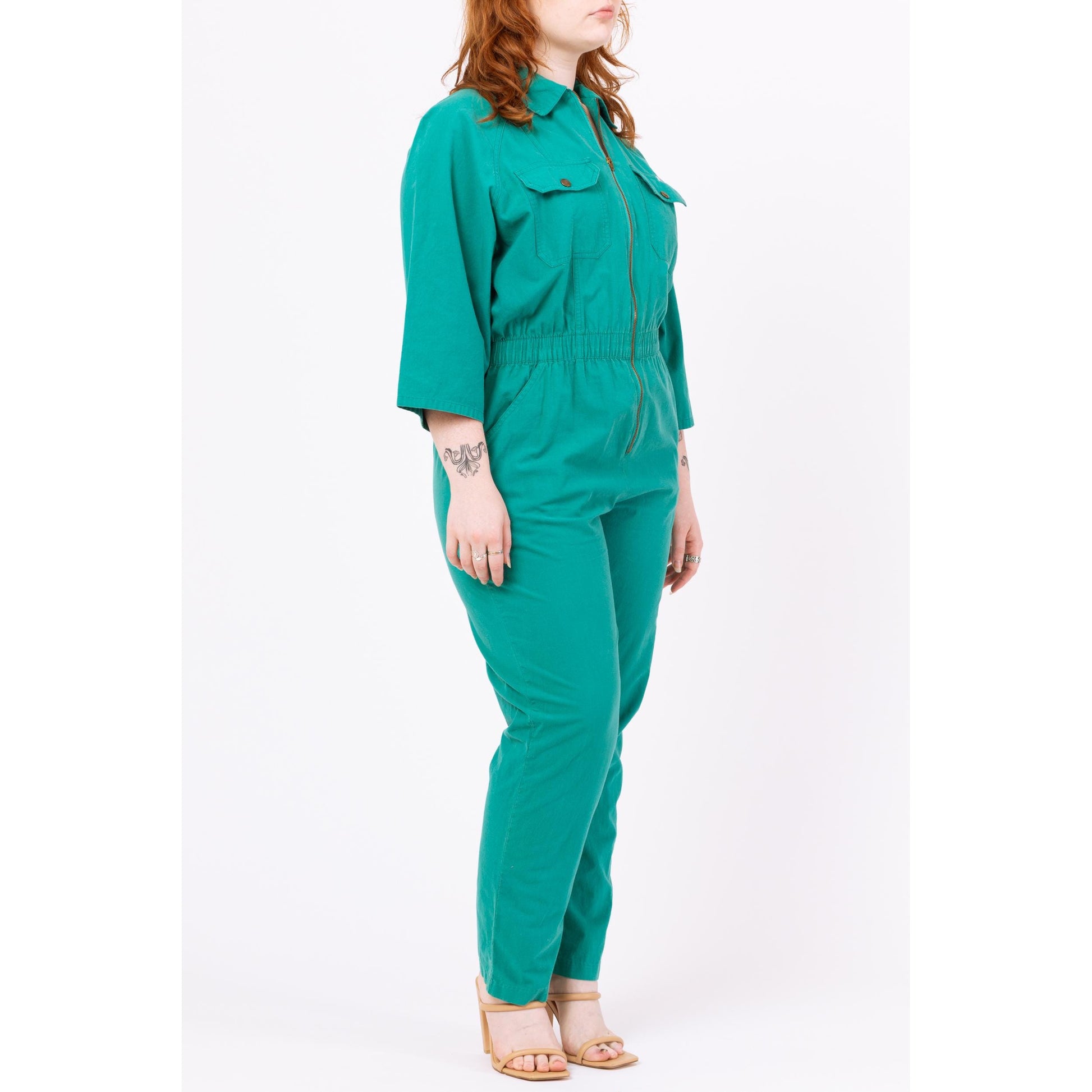 Vintage 80s Teal Green Coverall Jumpsuit - Medium to Large | Zip Up Utility Workwear 3/4 Sleeve Boiler Suit One Piece Outfit